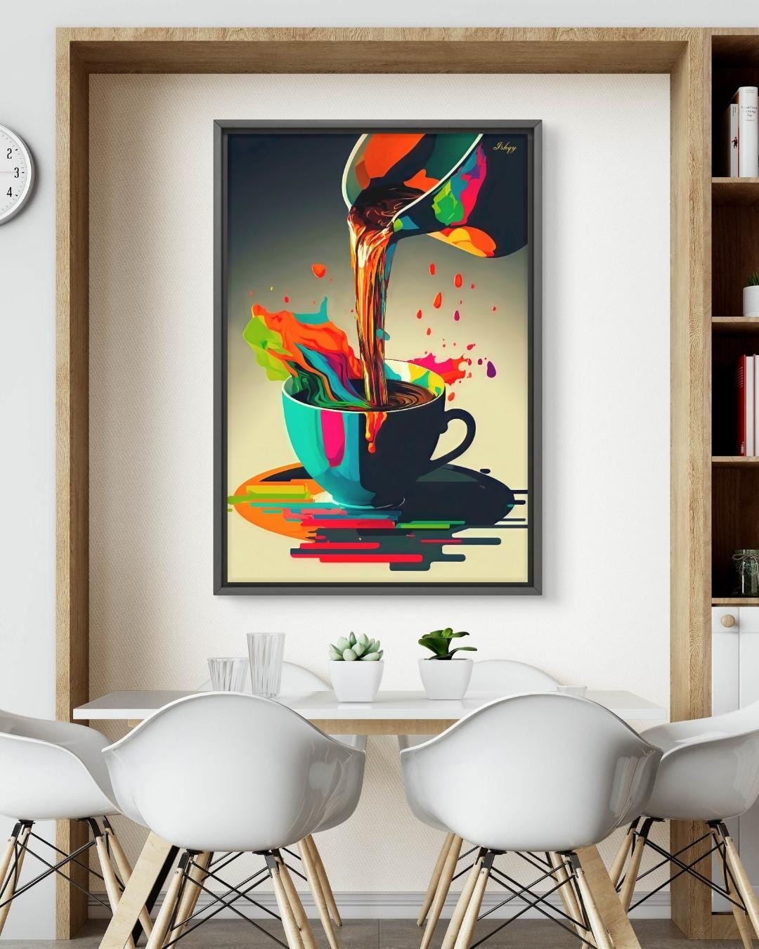 Coffee Wall Art, Colorful Coffee Cup Canvas, Modern Abstract Kitchen Art, Barista Gift, Espresso Print, Cafe Wall Decor, Framed Canvas. Bold and colorful coffee art print with abstract splash. Perfect canvas or framed canvas for kitchen or café