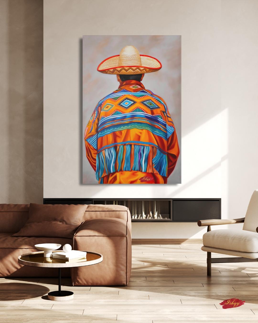Mexican Wall Art, Charro Painting Print, Sombrero Man Art, Cultural Canvas, Framed Mexican Decor, Fiesta Wall Art, Traditional Mexico Print. Traditional Mexican art print from Jalisco. Vibrant sombrero and poncho wall decor in canvas or framed canvas