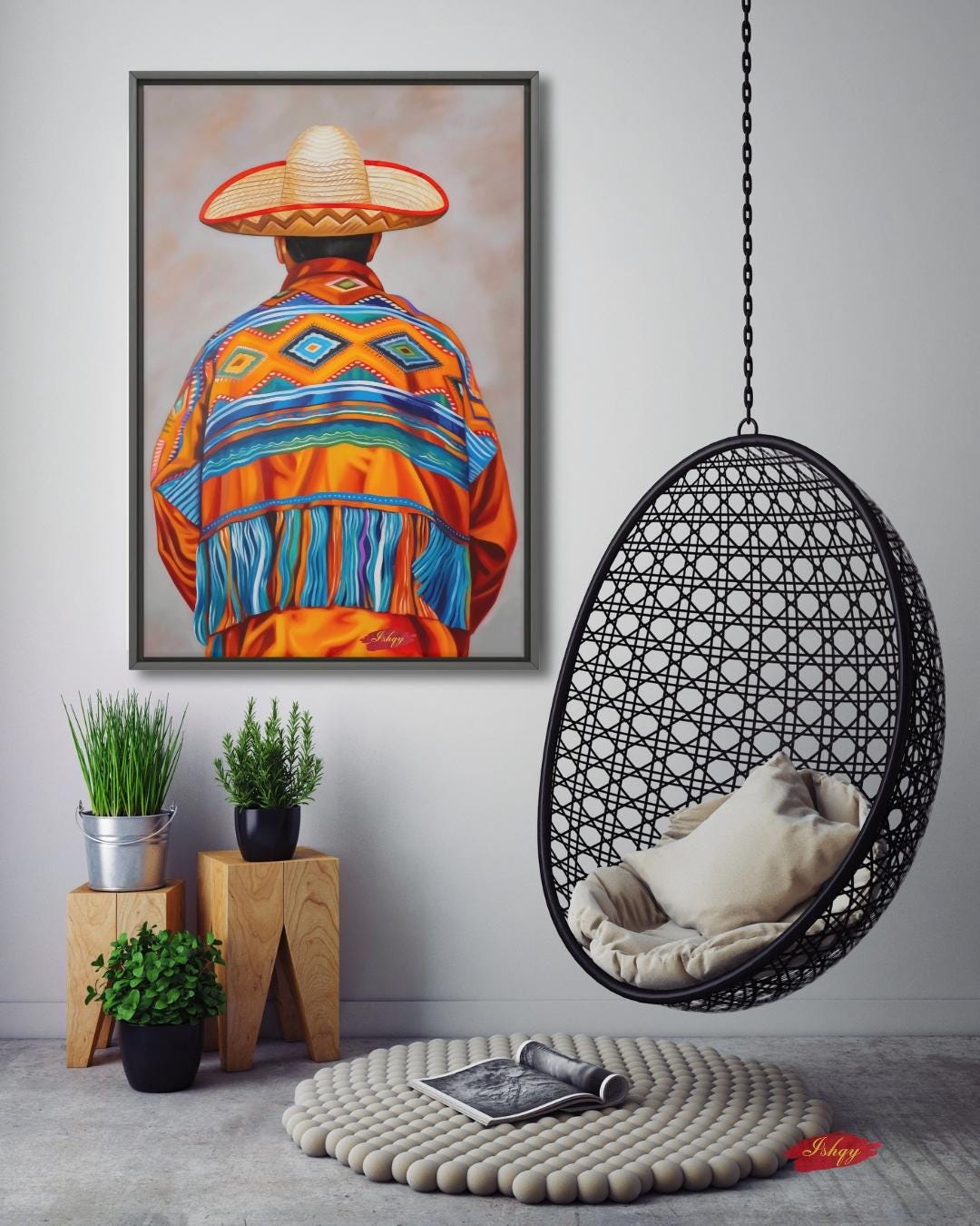 Mexican Wall Art, Charro Painting Print, Sombrero Man Art, Cultural Canvas, Framed Mexican Decor, Fiesta Wall Art, Traditional Mexico Print. Traditional Mexican art print from Jalisco. Vibrant sombrero and poncho wall decor in canvas or framed canvas