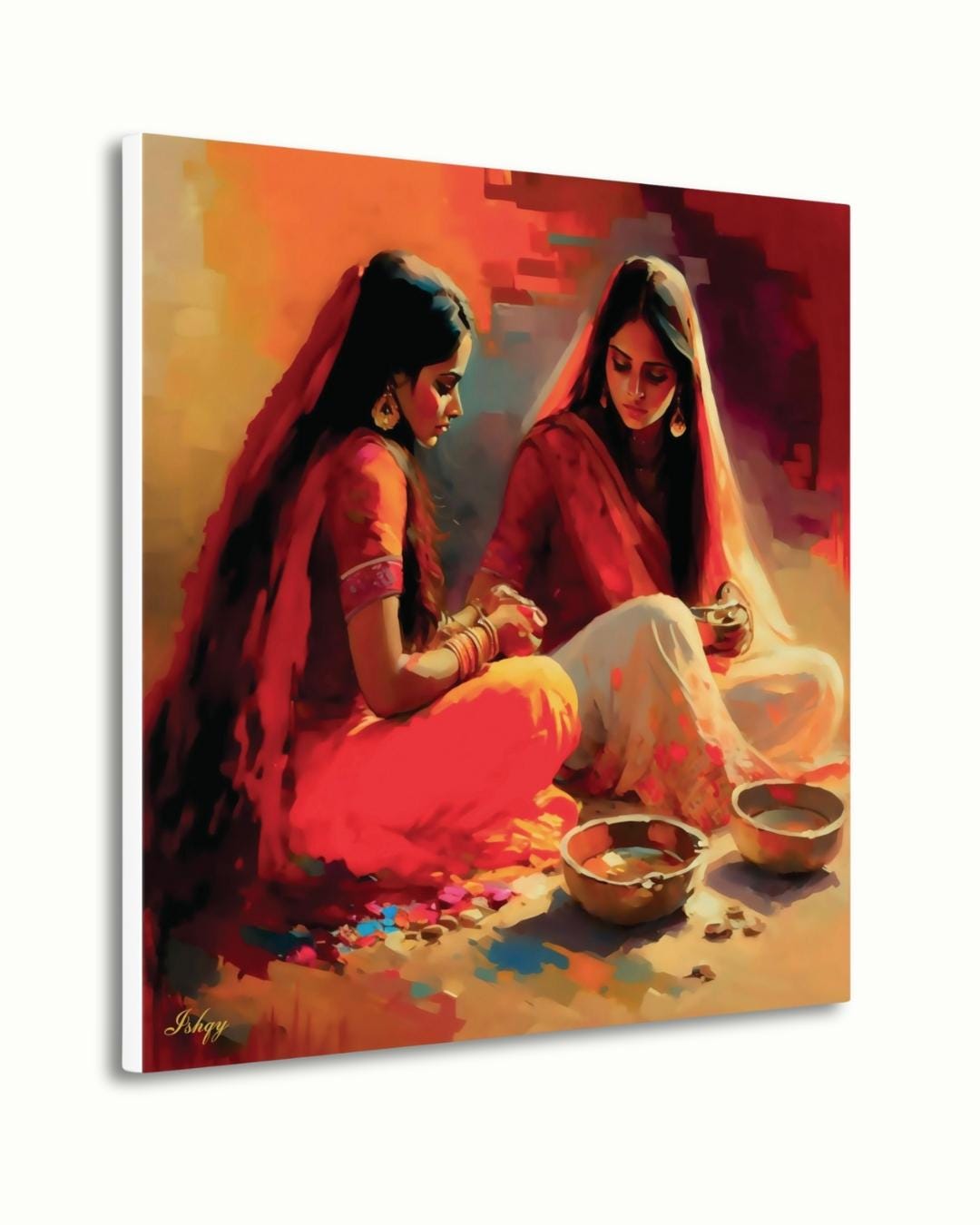 Indian Women Wall Art, Desi Kitchen Painting, Rural India Canvas, Framed Indian Print, Cultural Home Decor, Ethnic Wall Art, Desi Poster. This soulful Indian artwork captures two women in a quiet moment of tradition with color and clay. Availabl