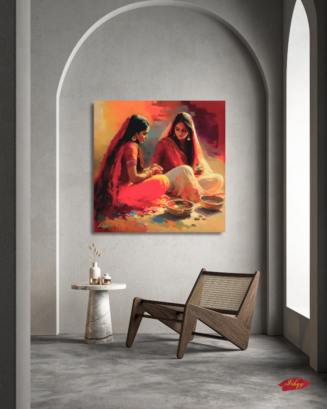 Indian Women Wall Art, Desi Kitchen Painting, Rural India Canvas, Framed Indian Print, Cultural Home Decor, Ethnic Wall Art, Desi Poster. This soulful Indian artwork captures two women in a quiet moment of tradition with color and clay. Availabl