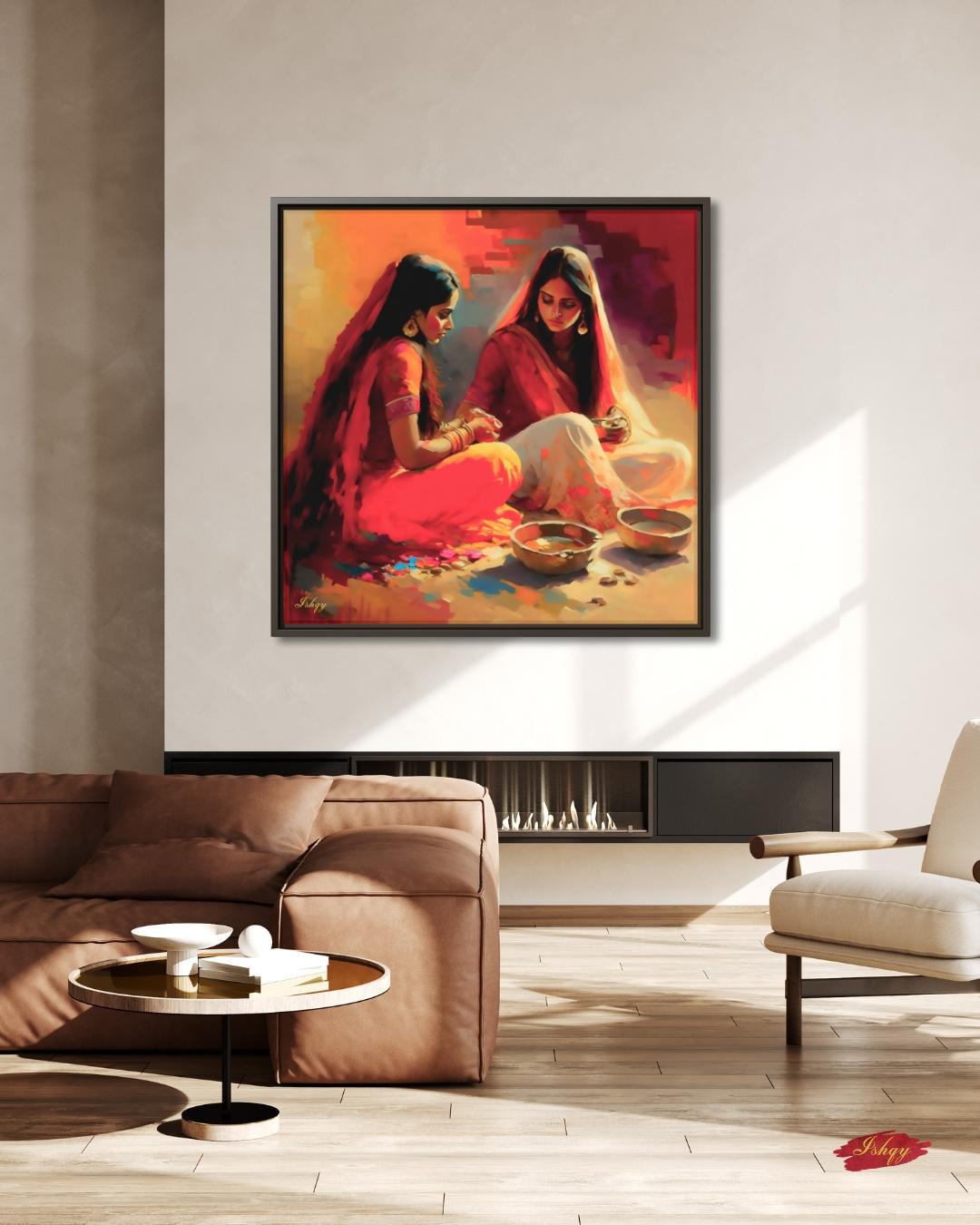 Indian Women Wall Art, Desi Kitchen Painting, Rural India Canvas, Framed Indian Print, Cultural Home Decor, Ethnic Wall Art, Desi Poster. This soulful Indian artwork captures two women in a quiet moment of tradition with color and clay. Availabl