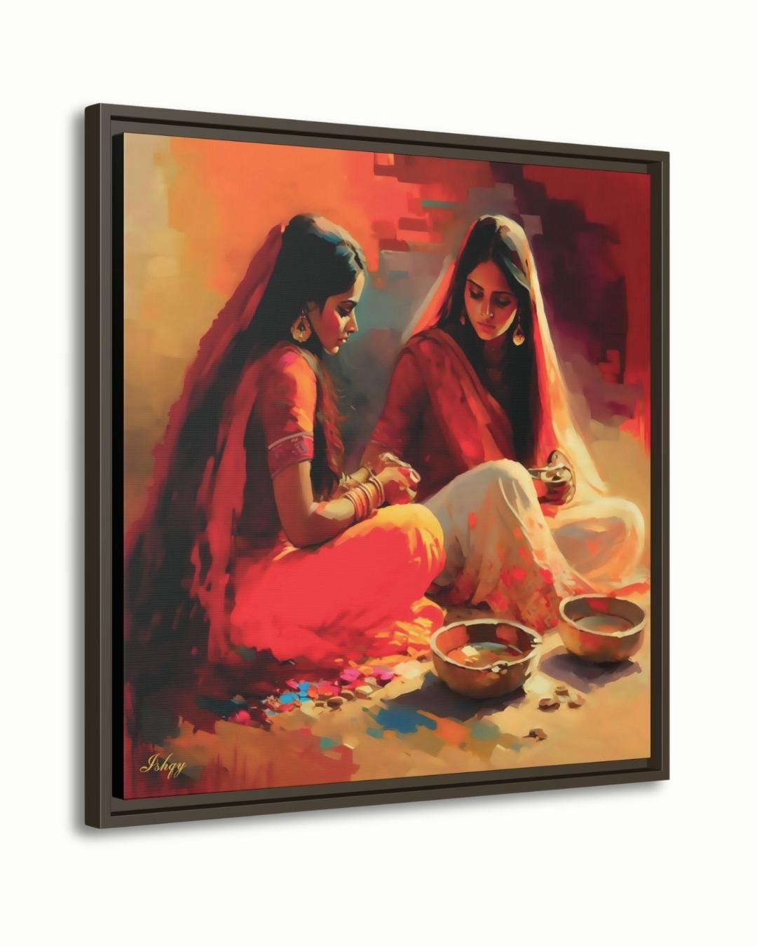 Indian Women Wall Art, Desi Kitchen Painting, Rural India Canvas, Framed Indian Print, Cultural Home Decor, Ethnic Wall Art, Desi Poster. This soulful Indian artwork captures two women in a quiet moment of tradition with color and clay. Availabl