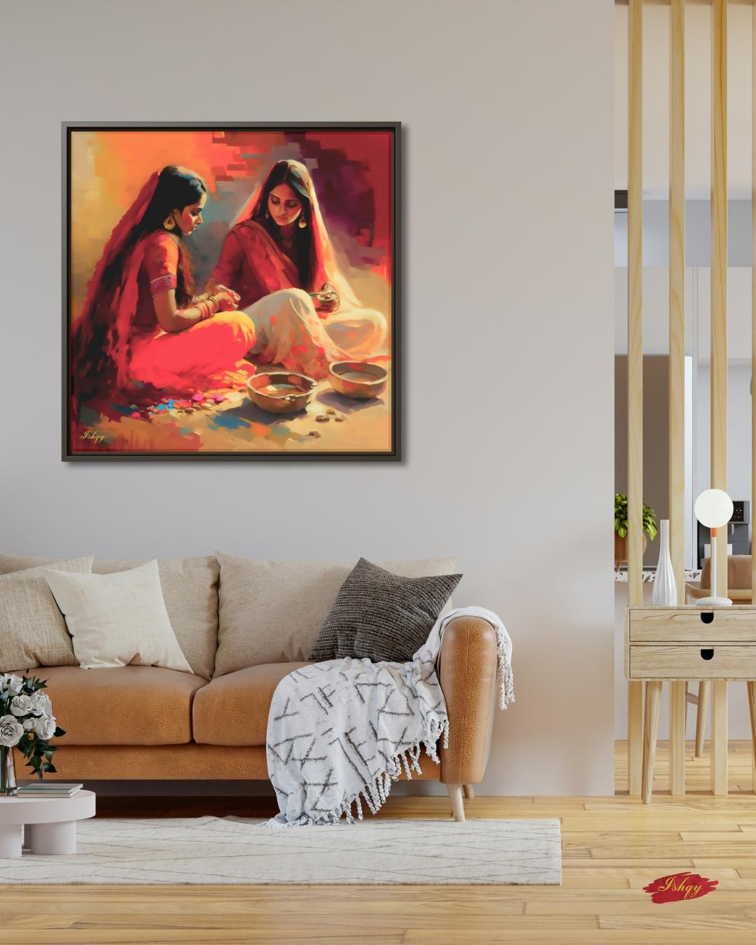 Indian Women Wall Art, Desi Kitchen Painting, Rural India Canvas, Framed Indian Print, Cultural Home Decor, Ethnic Wall Art, Desi Poster. This soulful Indian artwork captures two women in a quiet moment of tradition with color and clay. Availabl