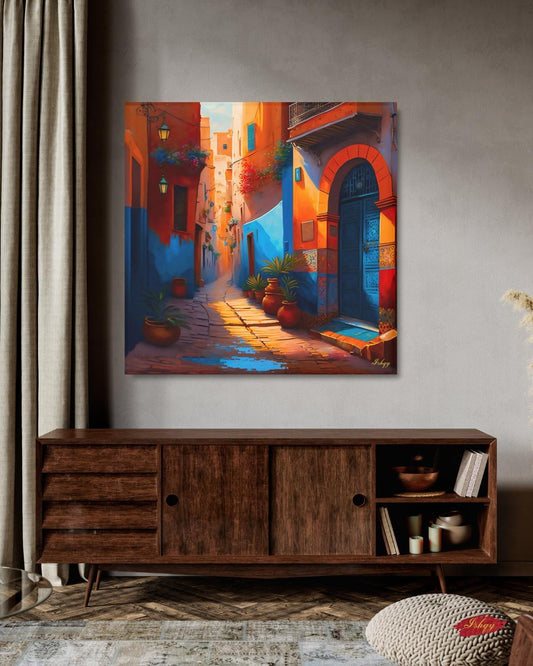 Moroccan Alley Wall Art, Colorful Marrakech Street Canvas, Exotic Travel Framed Print, Vibrant Medina Doorway, Cultural Art Print Decor. Moroccan alley canvas print with vibrant colors and cultural detail. Bring the warmth and charm of Marrakech into