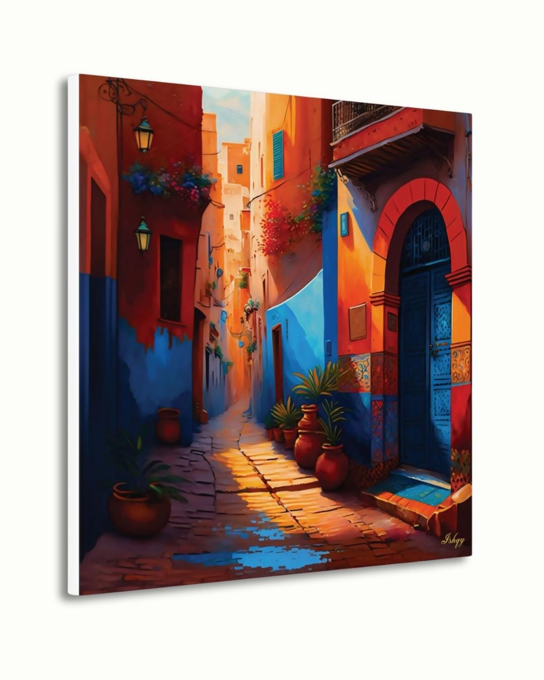 Moroccan Alley Wall Art, Colorful Marrakech Street Canvas, Exotic Travel Framed Print, Vibrant Medina Doorway, Cultural Art Print Decor. Moroccan alley canvas print with vibrant colors and cultural detail. Bring the warmth and charm of Marrakech into