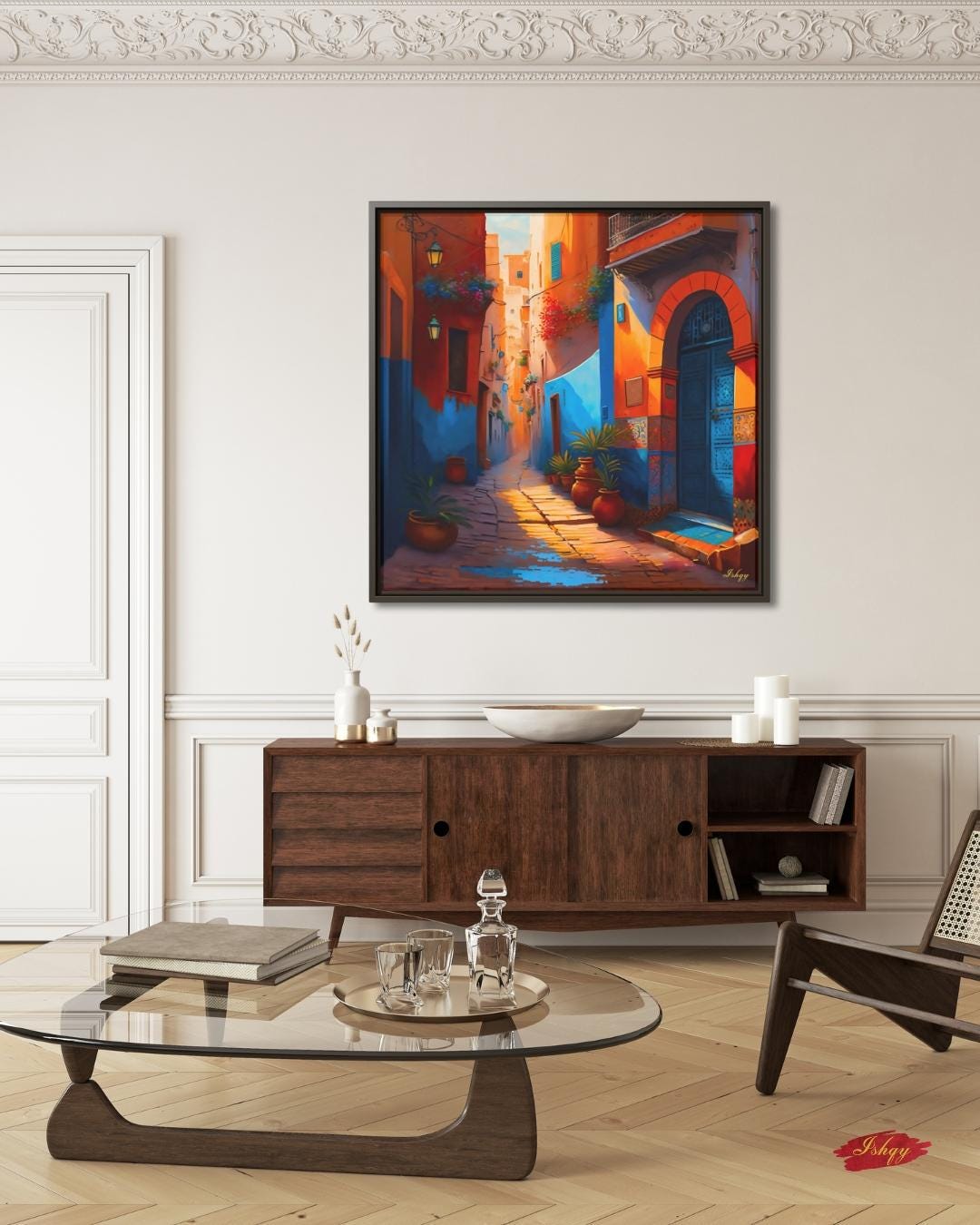 Moroccan Alley Wall Art, Colorful Marrakech Street Canvas, Exotic Travel Framed Print, Vibrant Medina Doorway, Cultural Art Print Decor. Moroccan alley canvas print with vibrant colors and cultural detail. Bring the warmth and charm of Marrakech into