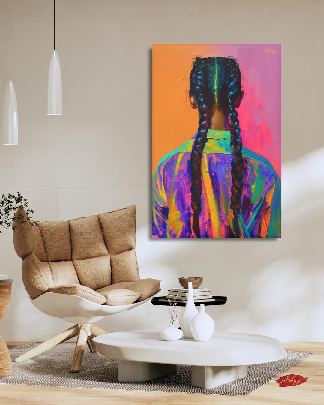 Braided Girl Wall Art, Bold Portrait Canvas, Colorful Braids Painting, Modern Framed Print, Ethnic Hair Wall Decor, Vibrant Art Print. Striking portrait of a braided girl in vivid neons. A bold art print that celebrates color, identity, and fearless