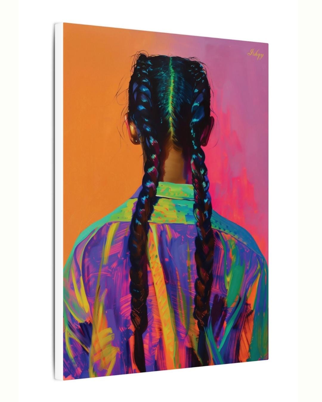 Braided Girl Wall Art, Bold Portrait Canvas, Colorful Braids Painting, Modern Framed Print, Ethnic Hair Wall Decor, Vibrant Art Print. Striking portrait of a braided girl in vivid neons. A bold art print that celebrates color, identity, and fearless
