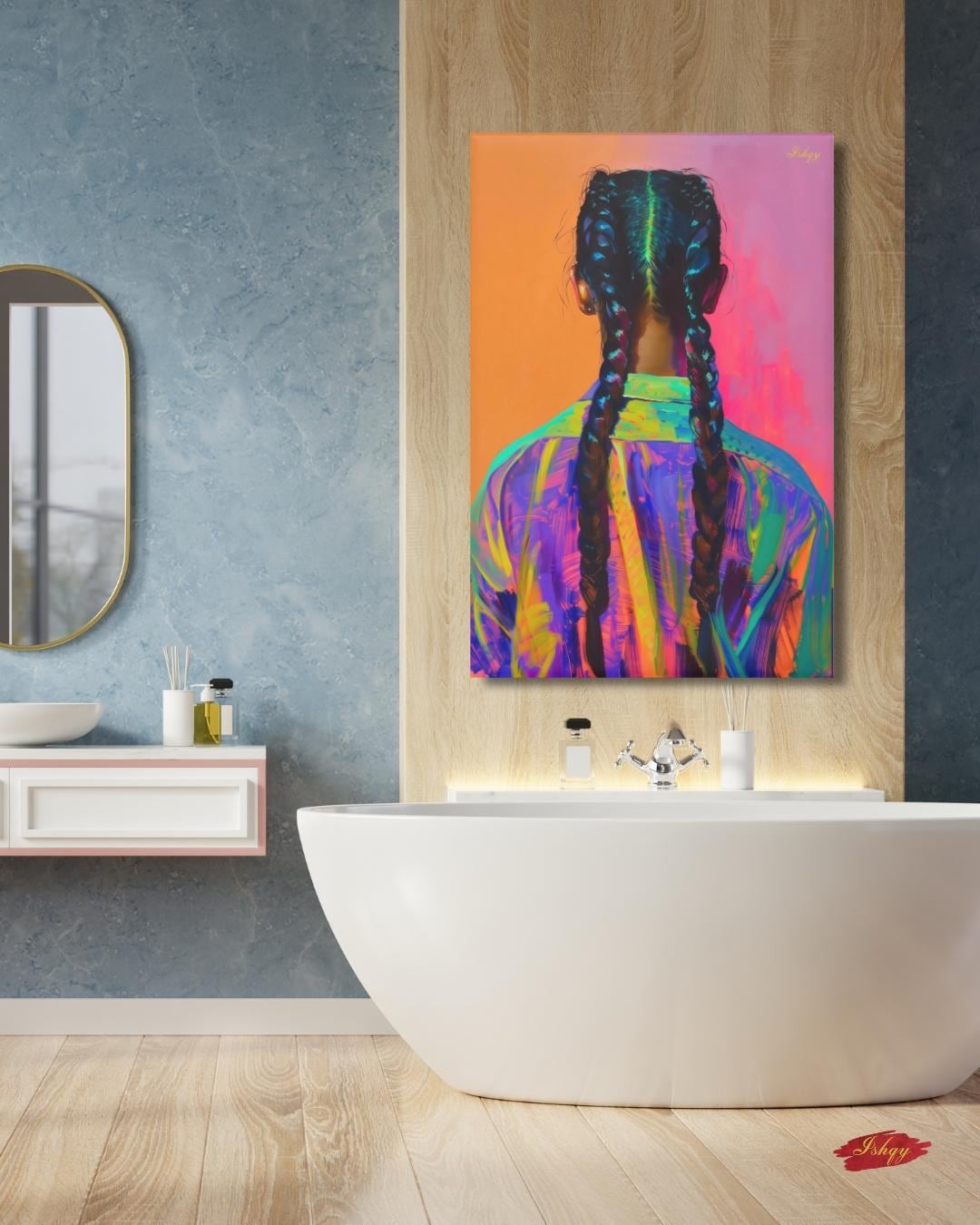 Braided Girl Wall Art, Bold Portrait Canvas, Colorful Braids Painting, Modern Framed Print, Ethnic Hair Wall Decor, Vibrant Art Print. Striking portrait of a braided girl in vivid neons. A bold art print that celebrates color, identity, and fearless