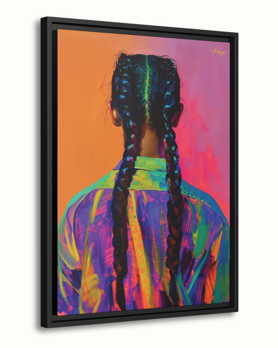 Braided Girl Wall Art, Bold Portrait Canvas, Colorful Braids Painting, Modern Framed Print, Ethnic Hair Wall Decor, Vibrant Art Print. Striking portrait of a braided girl in vivid neons. A bold art print that celebrates color, identity, and fearless