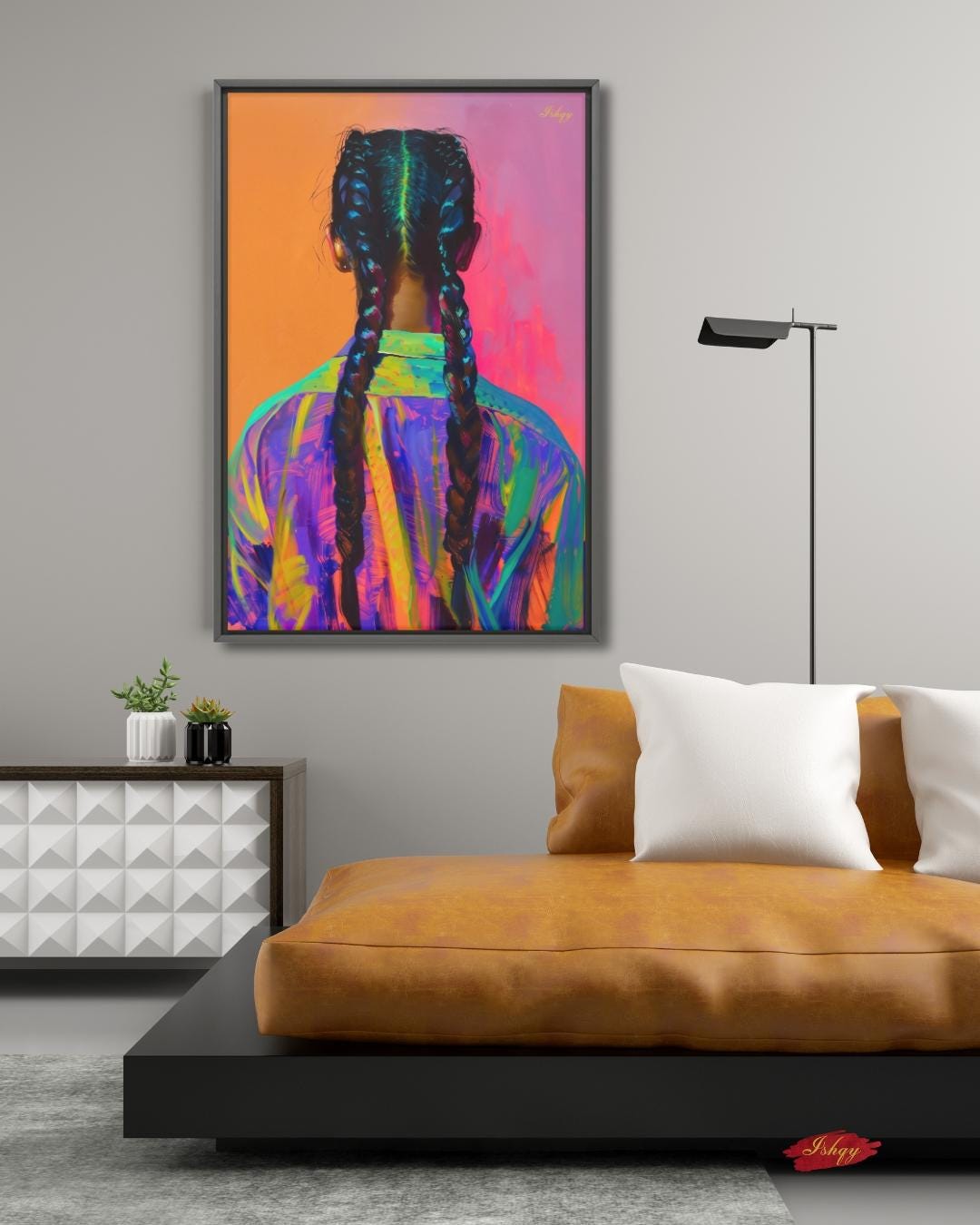 Braided Girl Wall Art, Bold Portrait Canvas, Colorful Braids Painting, Modern Framed Print, Ethnic Hair Wall Decor, Vibrant Art Print. Striking portrait of a braided girl in vivid neons. A bold art print that celebrates color, identity, and fearless