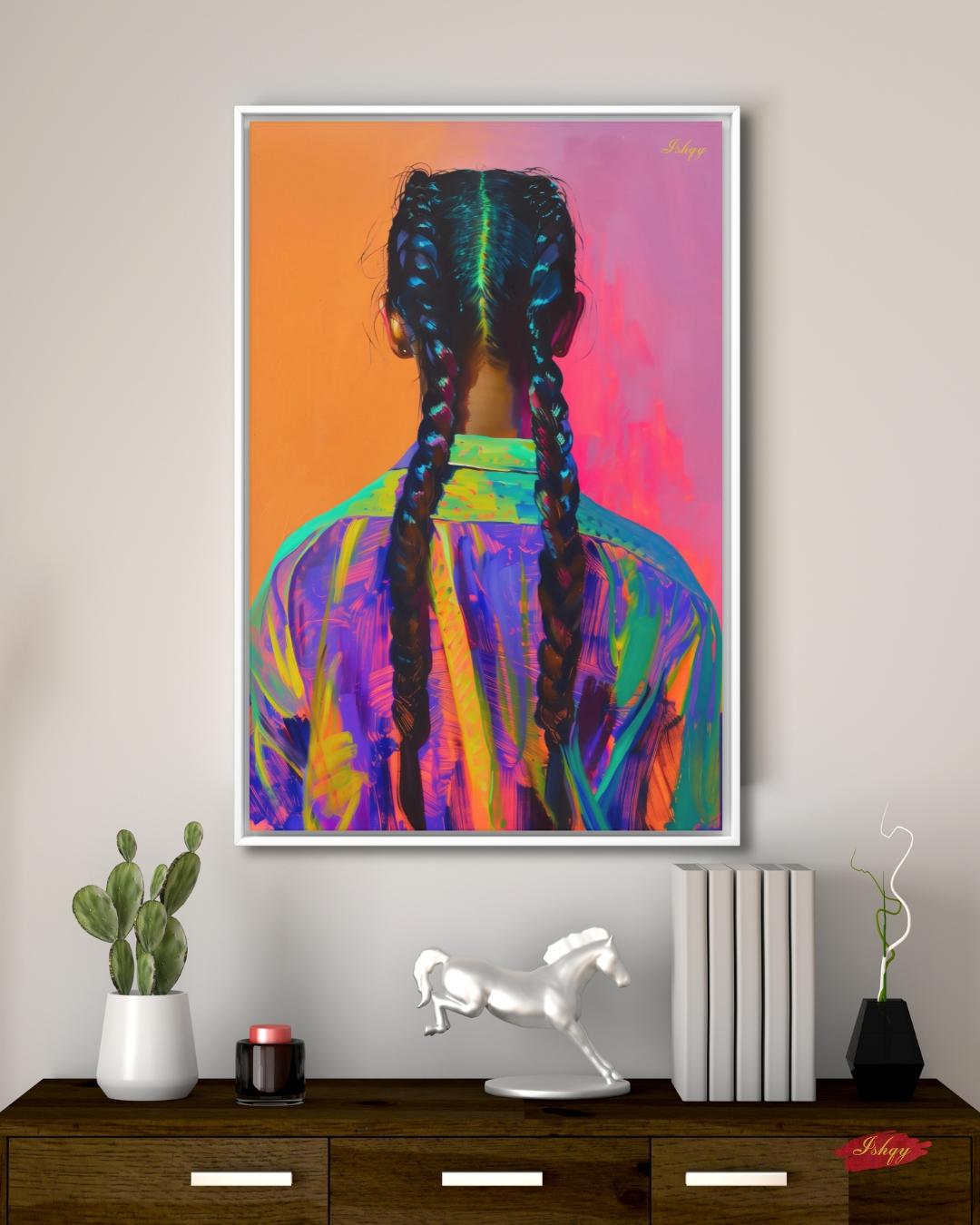 Braided Girl Wall Art, Bold Portrait Canvas, Colorful Braids Painting, Modern Framed Print, Ethnic Hair Wall Decor, Vibrant Art Print. Striking portrait of a braided girl in vivid neons. A bold art print that celebrates color, identity, and fearless
