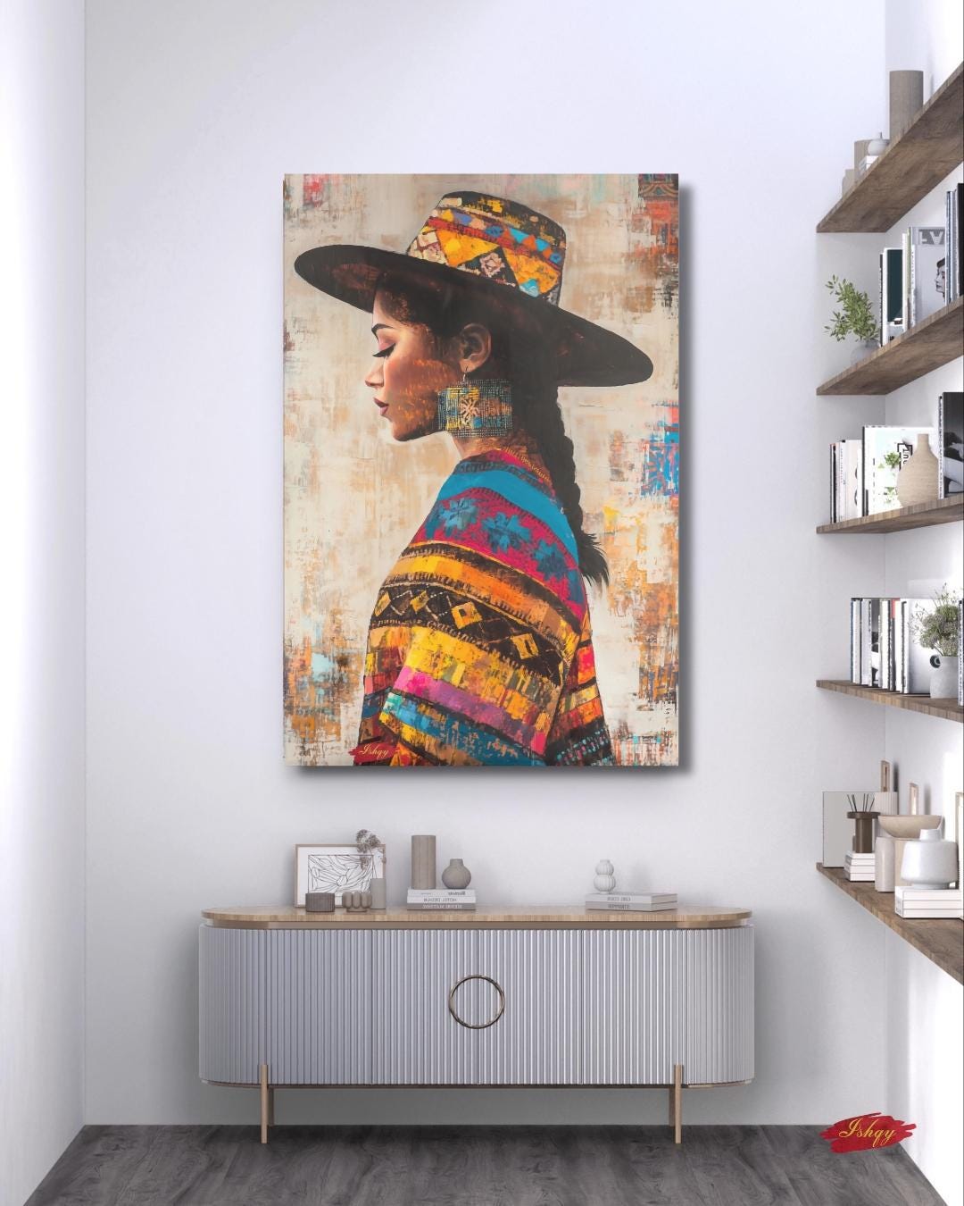 Salvadoran Woman Wall Art, Latin American Portrait Canvas, Cultural Framed Print, Indigenous Textile Art, Central America Home Decor. Colorful Salvadoran woman portrait canvas with cultural textile details and bold texture. Celebrate heritage an