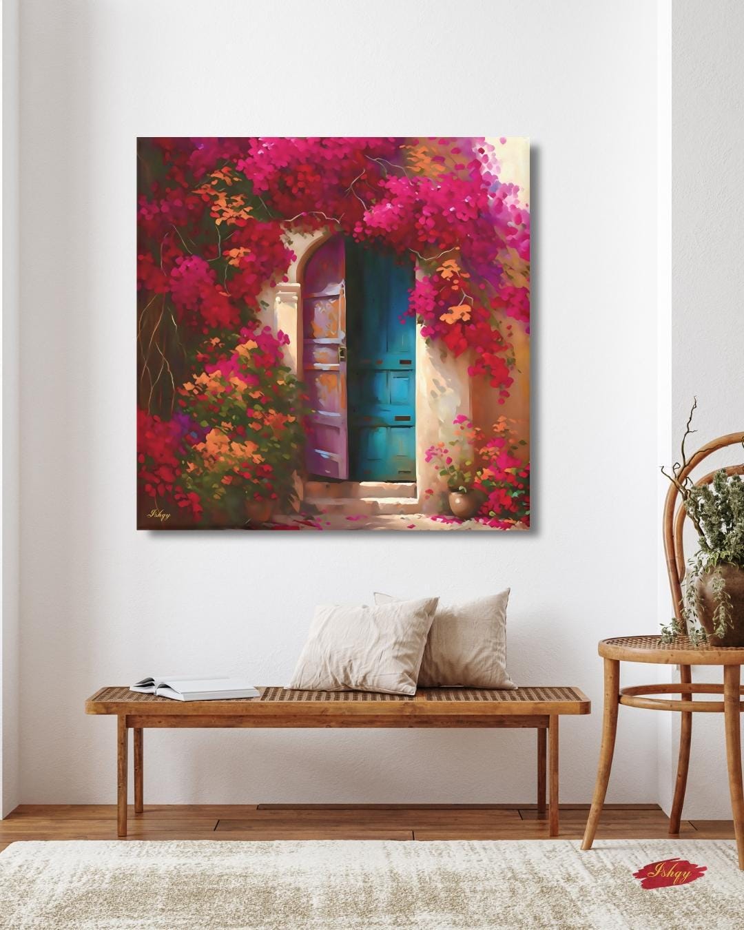Mexican Door Wall Art, Bougainvillea Doorway Canvas, Colorful Floral Home Decor, Rustic Mexico Painting Print, Framed Vibrant Entry Art. Puerta de Flores canvas print featuring a colorful Spanish door wrapped in bougainvillea. Add vibrant Mediterrane