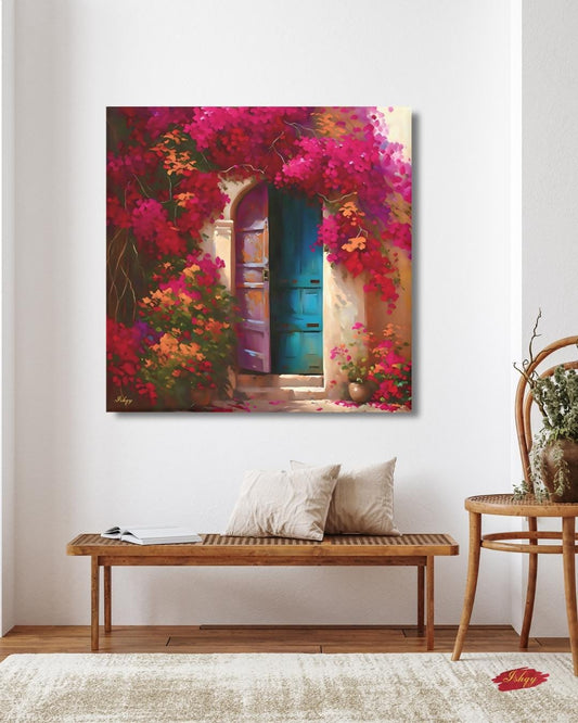 Mexican Door Wall Art, Bougainvillea Doorway Canvas, Colorful Floral Home Decor, Rustic Mexico Painting Print, Framed Vibrant Entry Art. Puerta de Flores canvas print featuring a colorful Spanish door wrapped in bougainvillea. Add vibrant Mediterrane