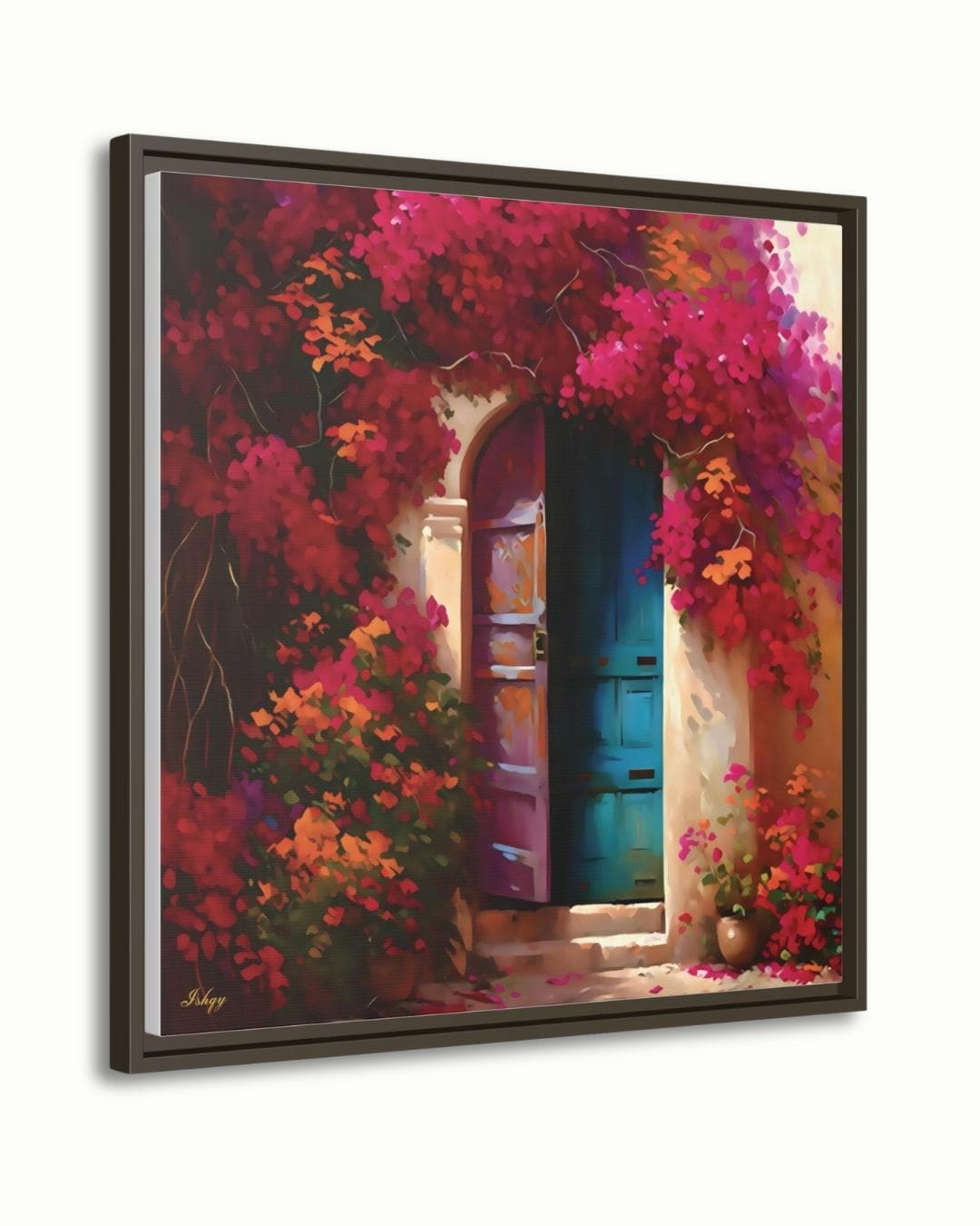 Mexican Door Wall Art, Bougainvillea Doorway Canvas, Colorful Floral Home Decor, Rustic Mexico Painting Print, Framed Vibrant Entry Art. Puerta de Flores canvas print featuring a colorful Spanish door wrapped in bougainvillea. Add vibrant Mediterrane