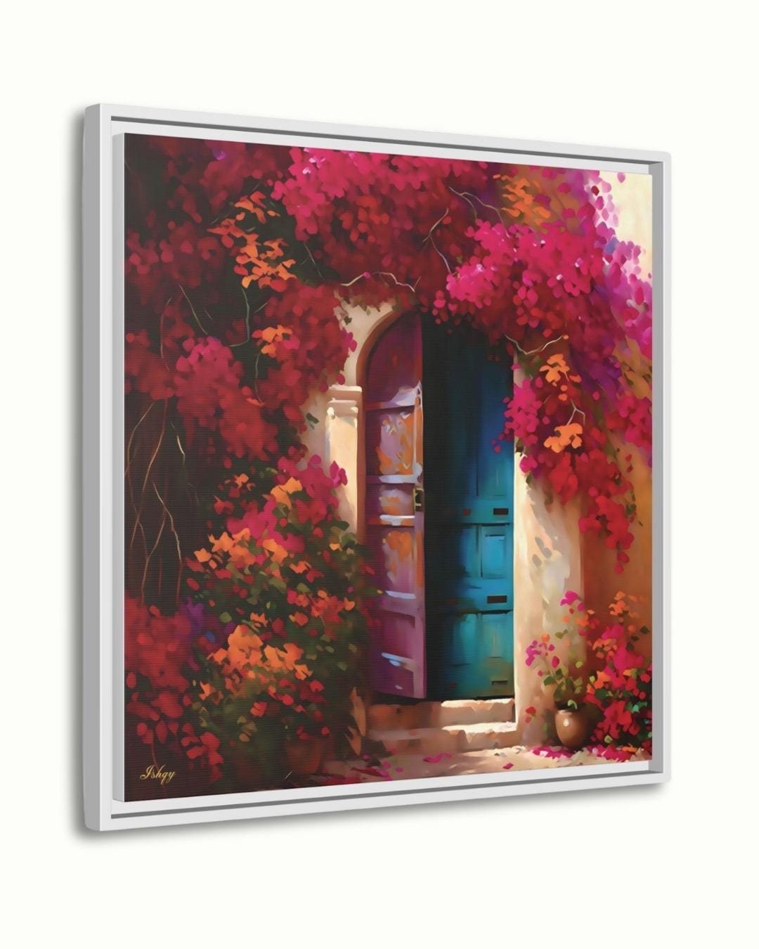 Mexican Door Wall Art, Bougainvillea Doorway Canvas, Colorful Floral Home Decor, Rustic Mexico Painting Print, Framed Vibrant Entry Art. Puerta de Flores canvas print featuring a colorful Spanish door wrapped in bougainvillea. Add vibrant Mediterrane