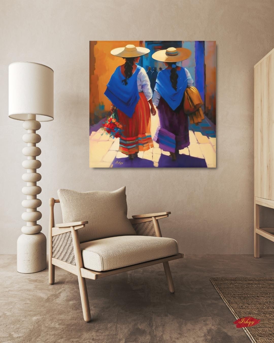 Mexican Women Wall Art, Traditional Oaxaca Street Canvas, Colorful Folk Painting Print, Framed Latin American Home Decor. Comadres canvas wall art featuring two Mexican women in traditional dress walking down a sunlit street. A celebration of si