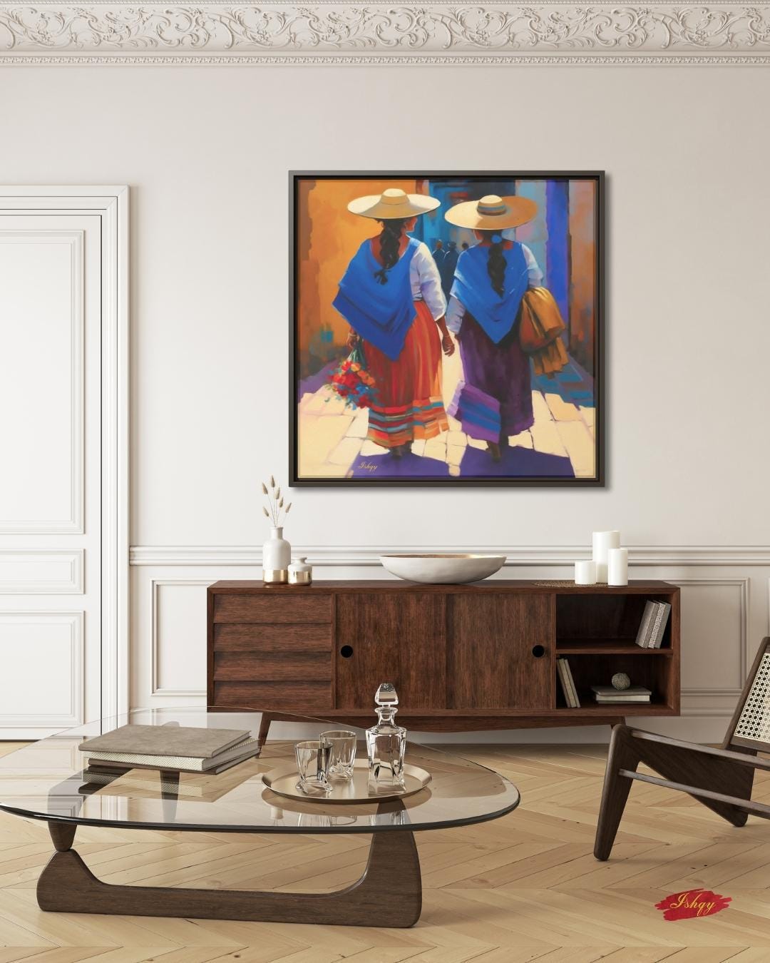 Mexican Women Wall Art, Traditional Oaxaca Street Canvas, Colorful Folk Painting Print, Framed Latin American Home Decor. Comadres canvas wall art featuring two Mexican women in traditional dress walking down a sunlit street. A celebration of si