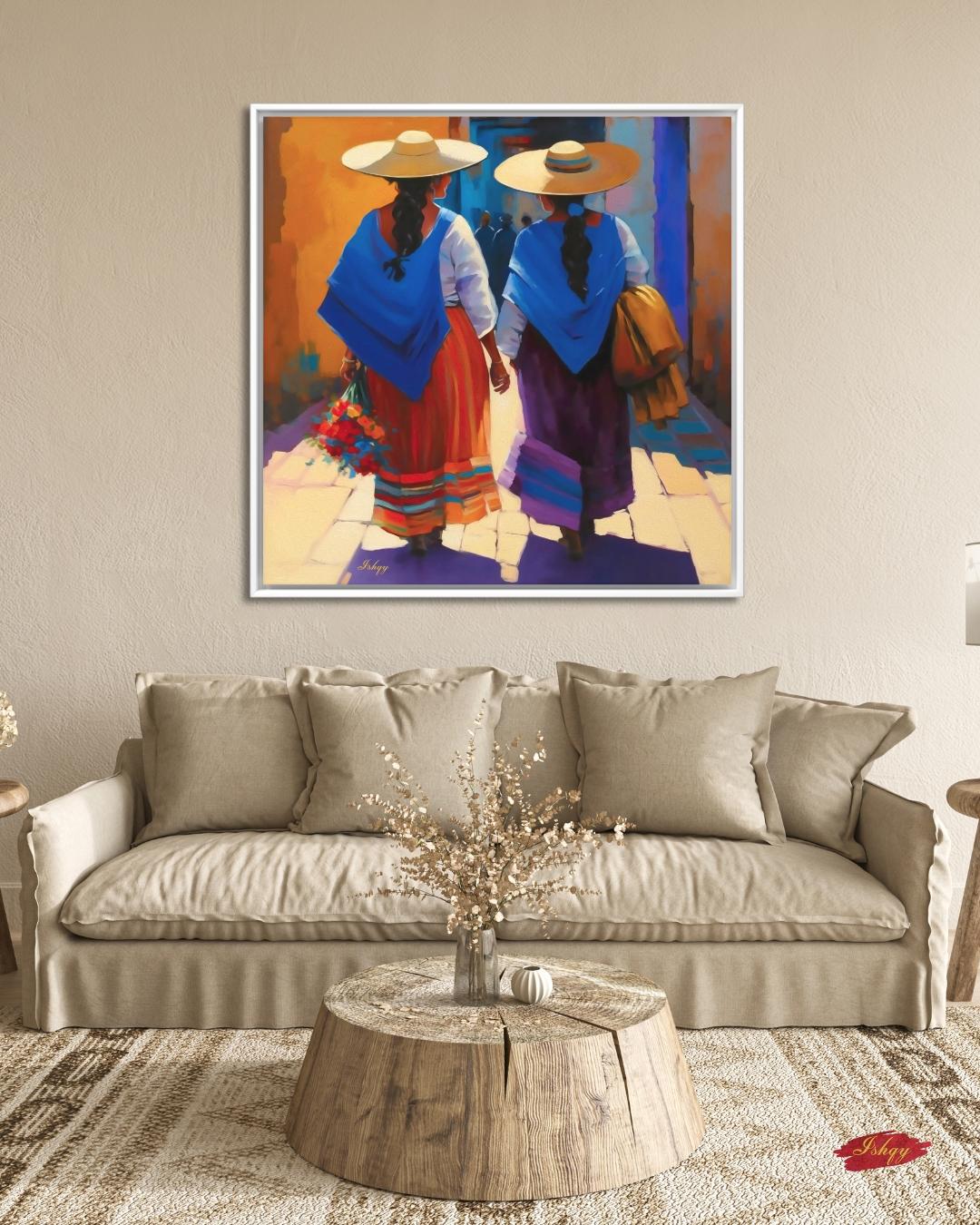 Mexican Women Wall Art, Traditional Oaxaca Street Canvas, Colorful Folk Painting Print, Framed Latin American Home Decor. Comadres canvas wall art featuring two Mexican women in traditional dress walking down a sunlit street. A celebration of si