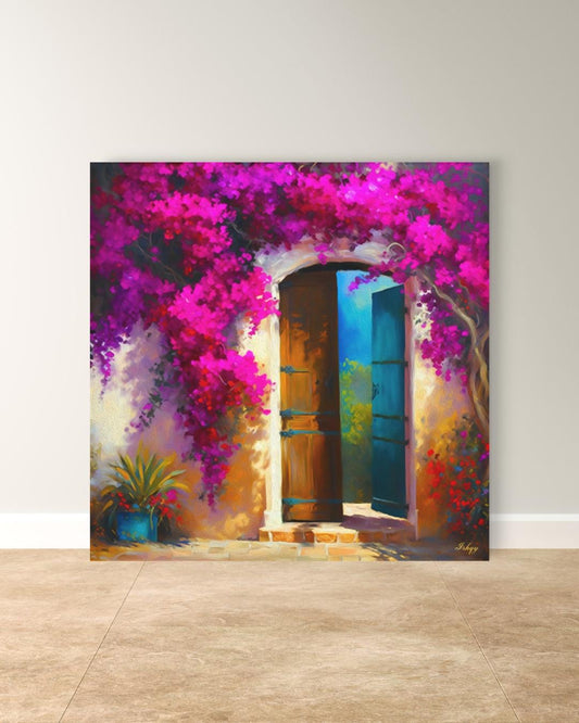 Colorful Door Wall Art, Colombian Home Canvas - Bougainvillea Floral Painting Print, Rustic Tropical Decor, Vibrant Latin American Print