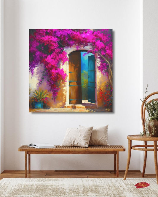Colorful Door Wall Art, Colombian Home Canvas - Bougainvillea Floral Painting Print, Rustic Tropical Decor, Vibrant Latin American Print