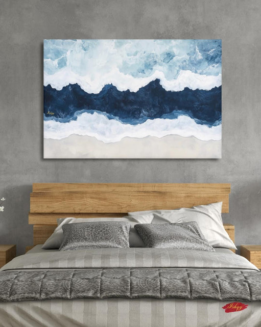 Ocean Wave Wall Art Print, Abstract Coastal Canvas Painting, Blue Sea Horizontal Art, Beach House Decor, Nautical Wall Art for Bedroom. Saltwater seascape wall art in blue and white tones. A modern abstract ocean canvas for coastal homes and bea