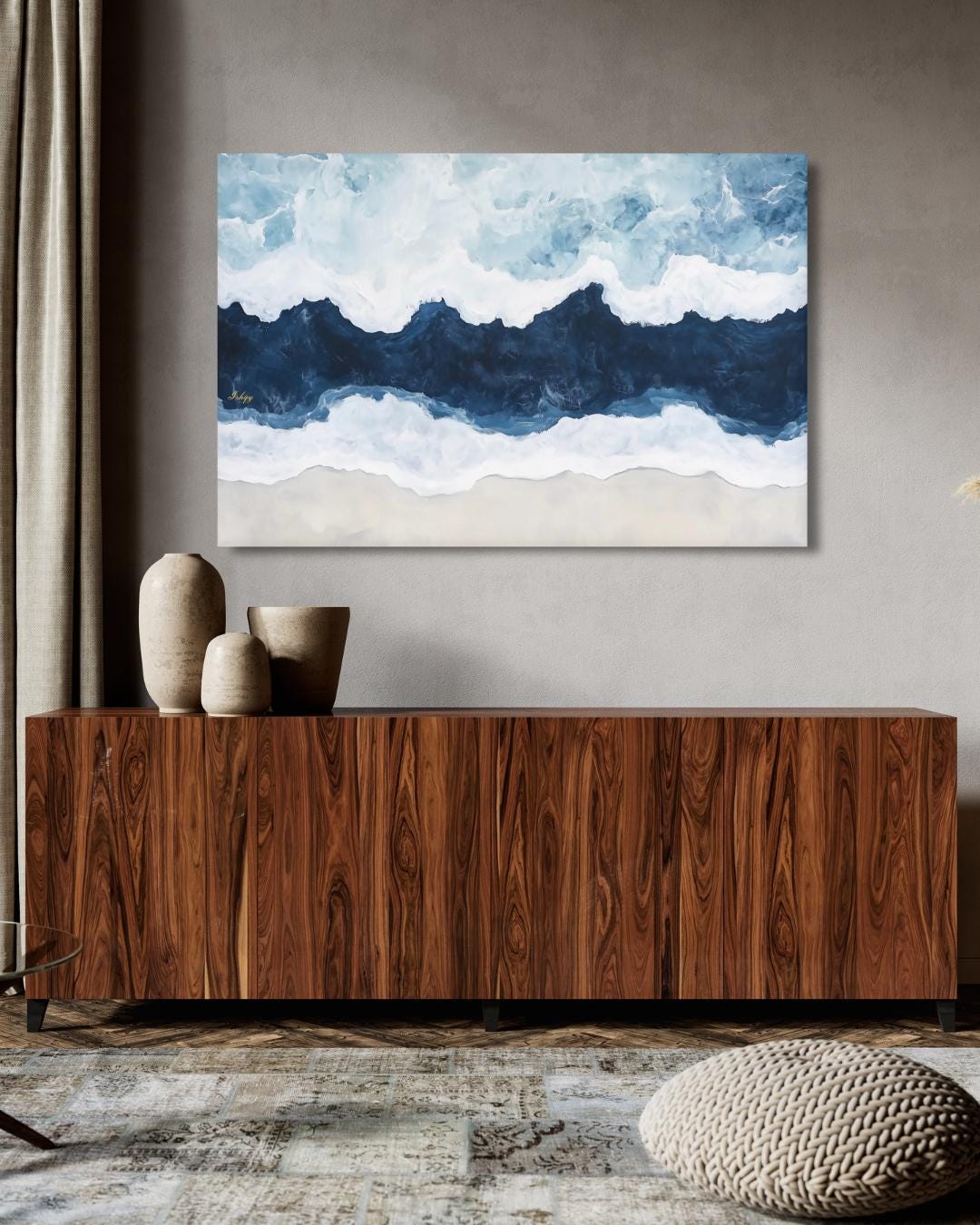 Ocean Wave Wall Art Print, Abstract Coastal Canvas Painting, Blue Sea Horizontal Art, Beach House Decor, Nautical Wall Art for Bedroom. Saltwater seascape wall art in blue and white tones. A modern abstract ocean canvas for coastal homes and bea