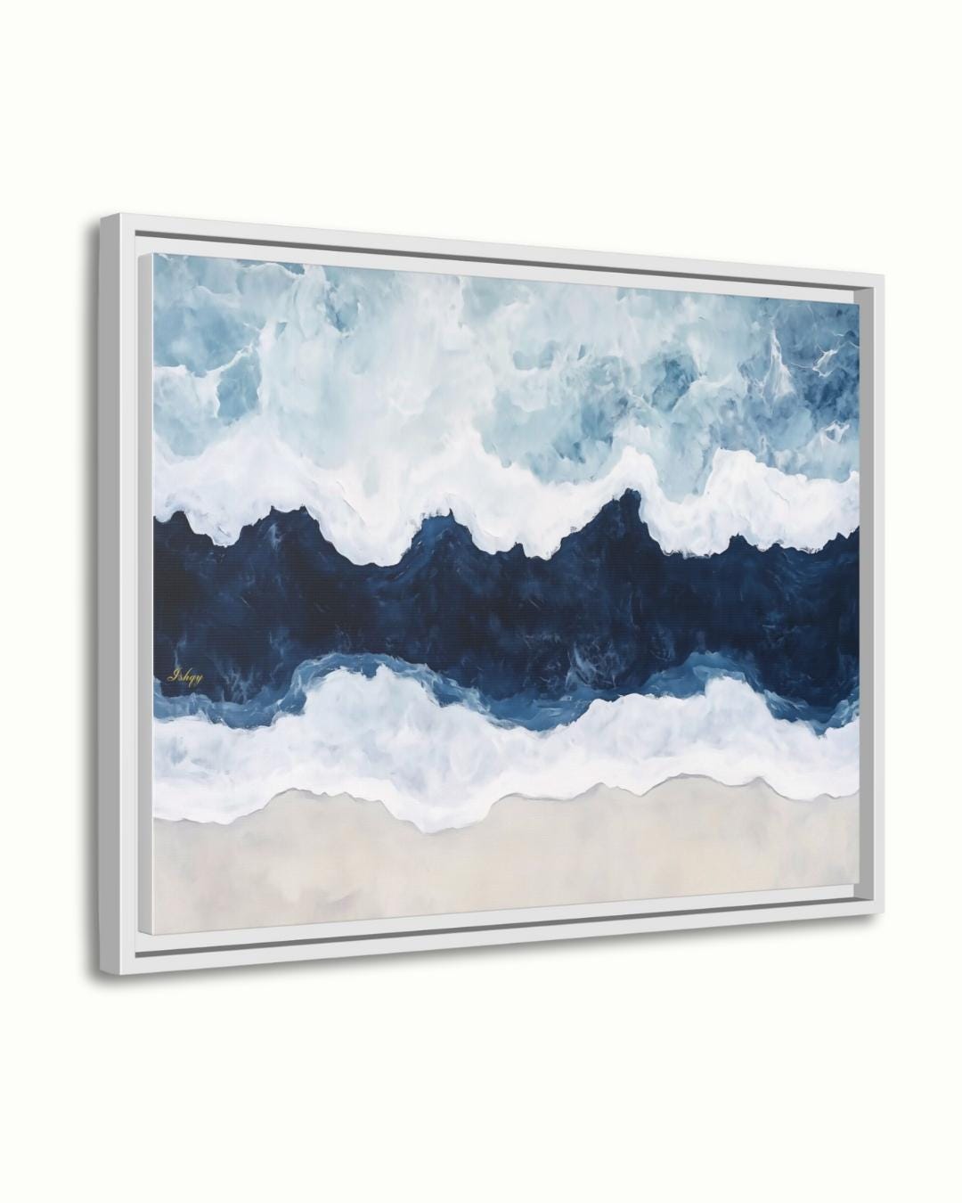 Ocean Wave Wall Art Print, Abstract Coastal Canvas Painting, Blue Sea Horizontal Art, Beach House Decor, Nautical Wall Art for Bedroom. Saltwater seascape wall art in blue and white tones. A modern abstract ocean canvas for coastal homes and bea