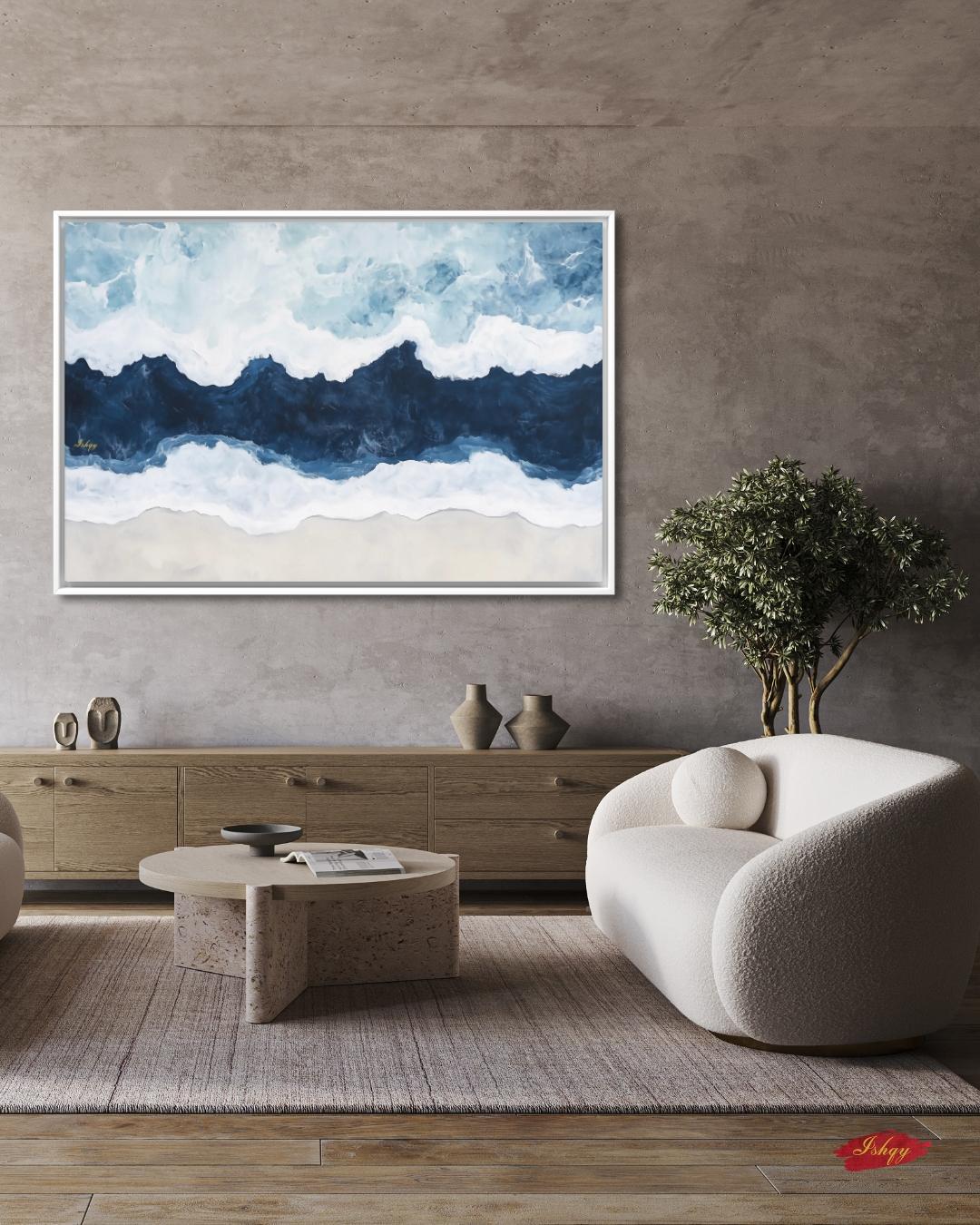 Ocean Wave Wall Art Print, Abstract Coastal Canvas Painting, Blue Sea Horizontal Art, Beach House Decor, Nautical Wall Art for Bedroom. Saltwater seascape wall art in blue and white tones. A modern abstract ocean canvas for coastal homes and bea