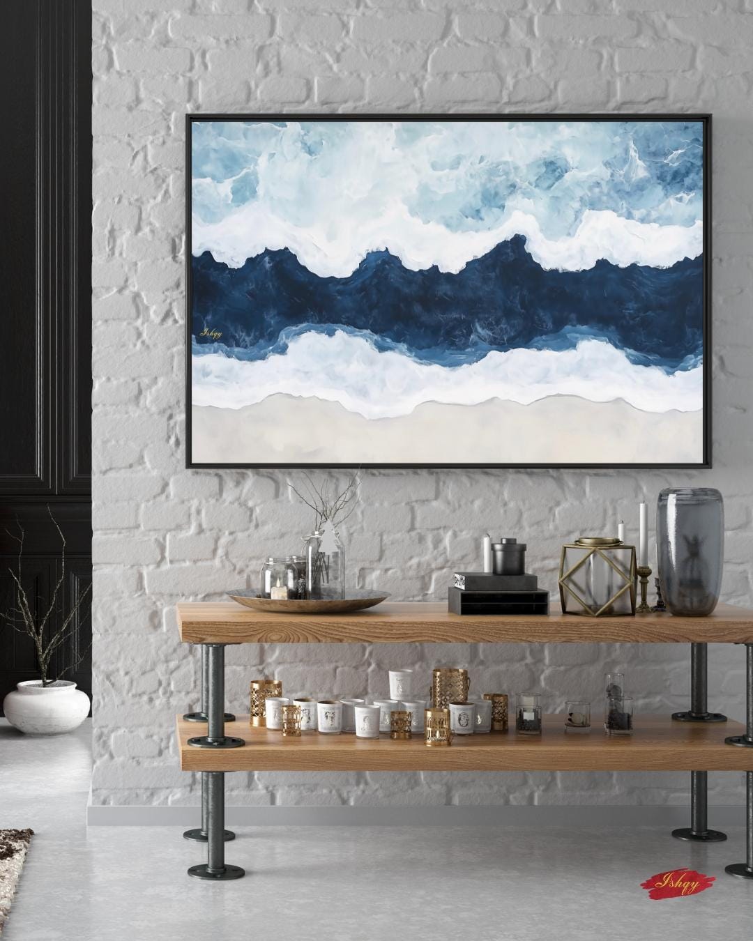 Ocean Wave Wall Art Print, Abstract Coastal Canvas Painting, Blue Sea Horizontal Art, Beach House Decor, Nautical Wall Art for Bedroom. Saltwater seascape wall art in blue and white tones. A modern abstract ocean canvas for coastal homes and bea