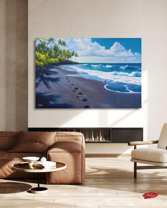 Hawaii Beach Wall Art Print, Punaluʻu Black Sand Coastal Painting, Ocean Canvas Decor, Tropical Palm Tree Wall Art for Living Room. Punalu‘u Beach art print with black sand, blue waves, and palm trees. A vibrant Hawaii canvas for tropical, coastal, o