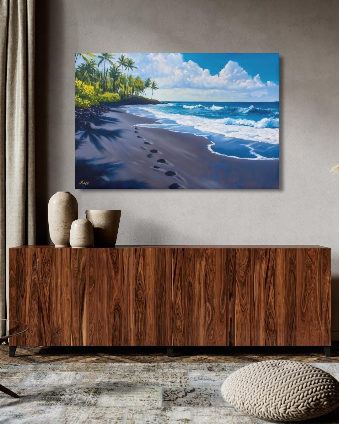 Hawaii Beach Wall Art Print, Punaluʻu Black Sand Coastal Painting, Ocean Canvas Decor, Tropical Palm Tree Wall Art for Living Room. Punalu‘u Beach art print with black sand, blue waves, and palm trees. A vibrant Hawaii canvas for tropical, coastal, o