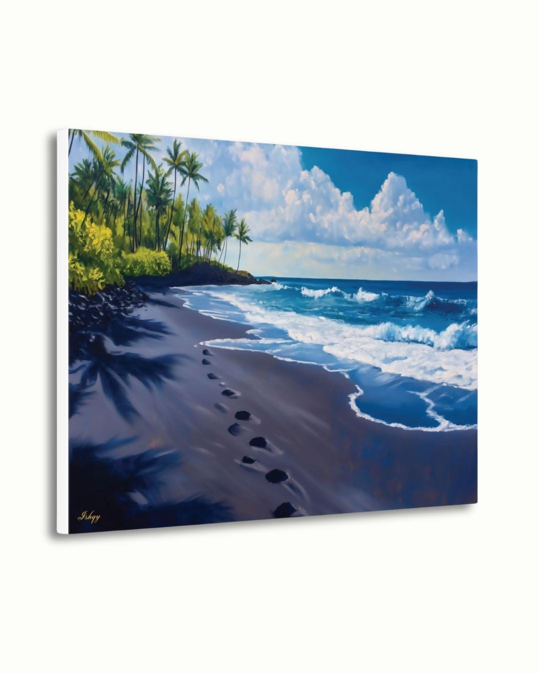 Hawaii Beach Wall Art Print, Punaluʻu Black Sand Coastal Painting, Ocean Canvas Decor, Tropical Palm Tree Wall Art for Living Room. Punalu‘u Beach art print with black sand, blue waves, and palm trees. A vibrant Hawaii canvas for tropical, coastal, o