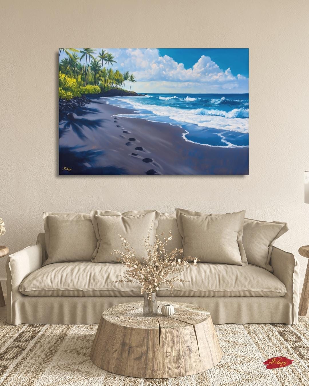 Hawaii Beach Wall Art Print, Punaluʻu Black Sand Coastal Painting, Ocean Canvas Decor, Tropical Palm Tree Wall Art for Living Room. Punalu‘u Beach art print with black sand, blue waves, and palm trees. A vibrant Hawaii canvas for tropical, coastal, o