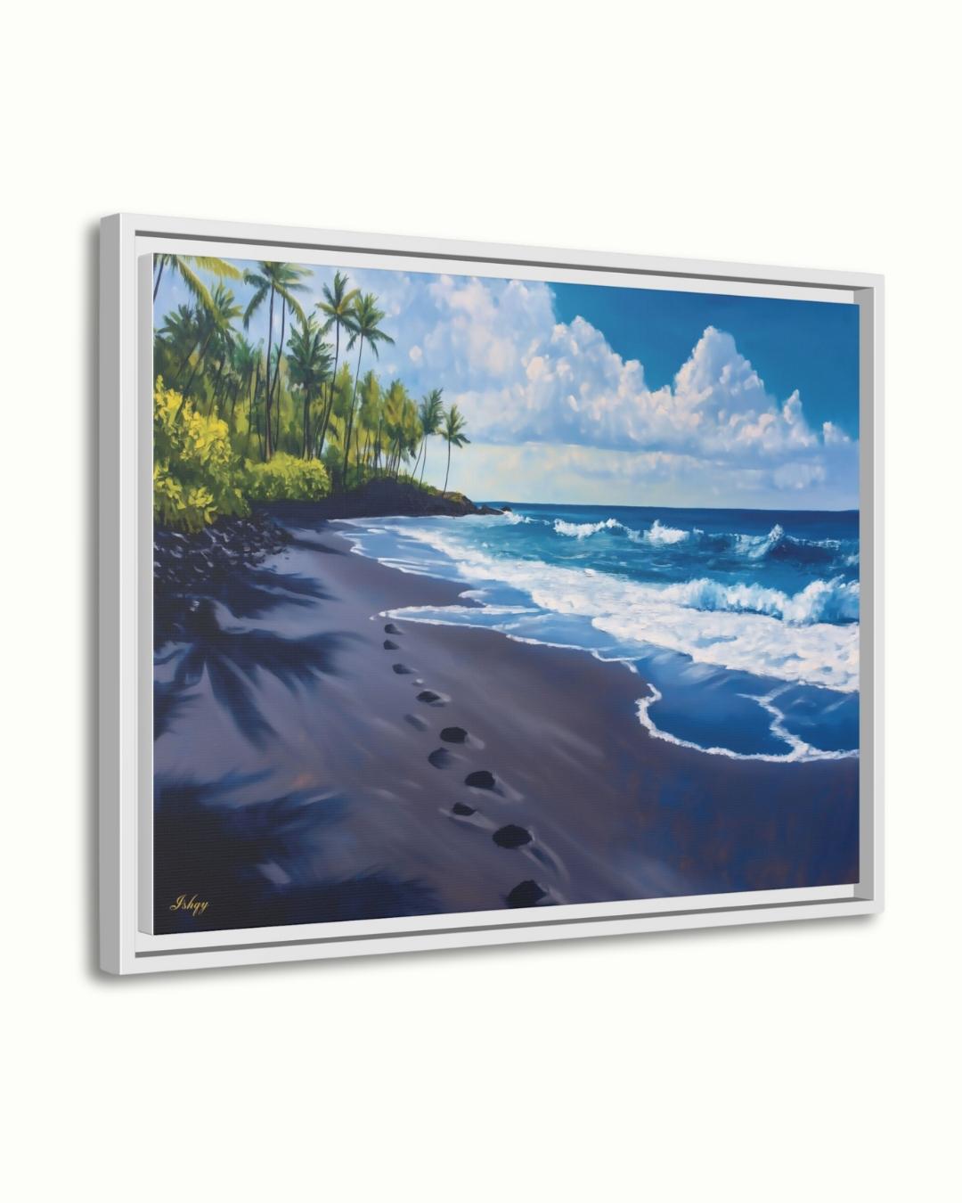 Hawaii Beach Wall Art Print, Punaluʻu Black Sand Coastal Painting, Ocean Canvas Decor, Tropical Palm Tree Wall Art for Living Room. Punalu‘u Beach art print with black sand, blue waves, and palm trees. A vibrant Hawaii canvas for tropical, coastal, o