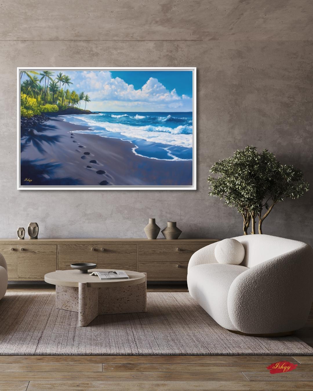 Hawaii Beach Wall Art Print, Punaluʻu Black Sand Coastal Painting, Ocean Canvas Decor, Tropical Palm Tree Wall Art for Living Room. Punalu‘u Beach art print with black sand, blue waves, and palm trees. A vibrant Hawaii canvas for tropical, coastal, o