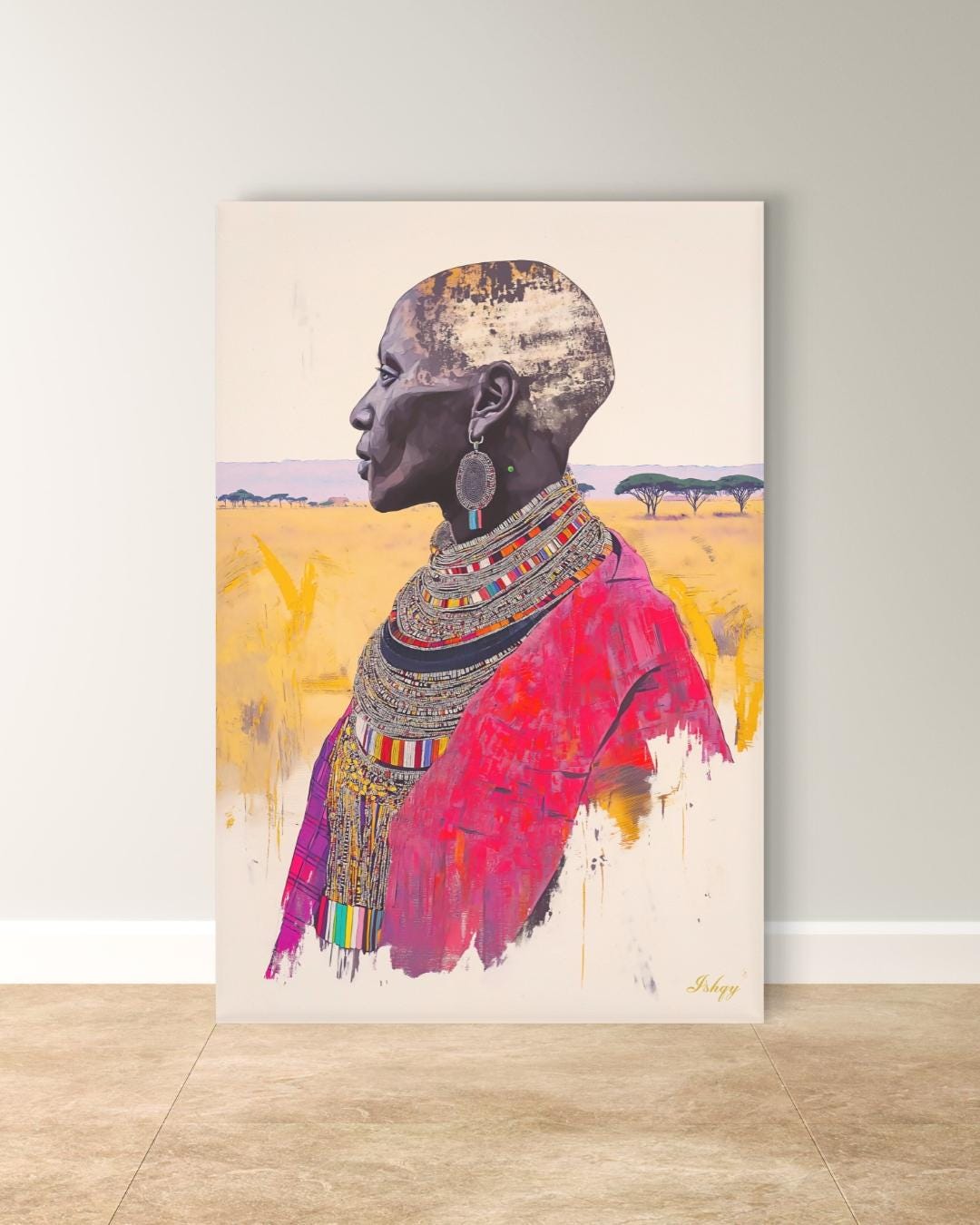 African Wall Art Maasai Elder Canvas Print, Tribal Woman Wall Decor, Kenya Portrait Painting, Cultural African Art for Living Room. Maasai woman portrait art print with bold beadwork and savannah backdrop. Powerful African canvas art for cultura