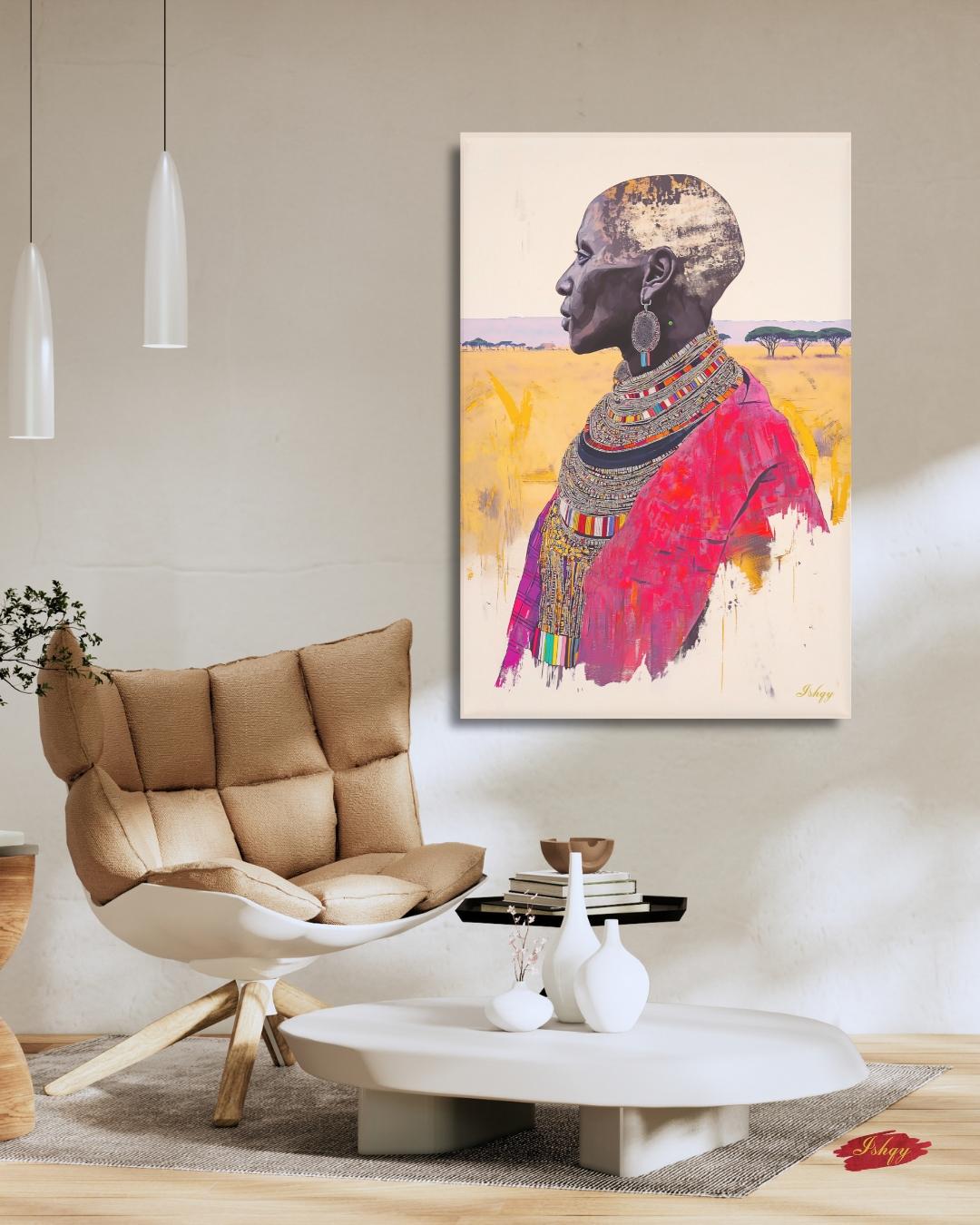 African Wall Art Maasai Elder Canvas Print, Tribal Woman Wall Decor, Kenya Portrait Painting, Cultural African Art for Living Room. Maasai woman portrait art print with bold beadwork and savannah backdrop. Powerful African canvas art for cultura