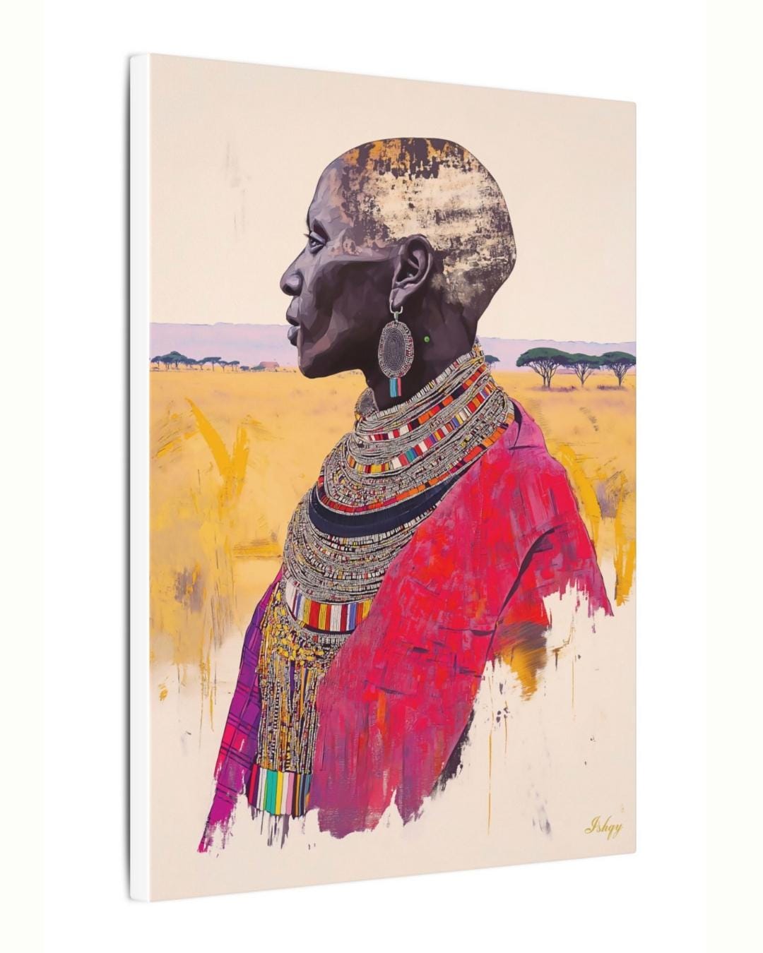 African Wall Art Maasai Elder Canvas Print, Tribal Woman Wall Decor, Kenya Portrait Painting, Cultural African Art for Living Room. Maasai woman portrait art print with bold beadwork and savannah backdrop. Powerful African canvas art for cultura
