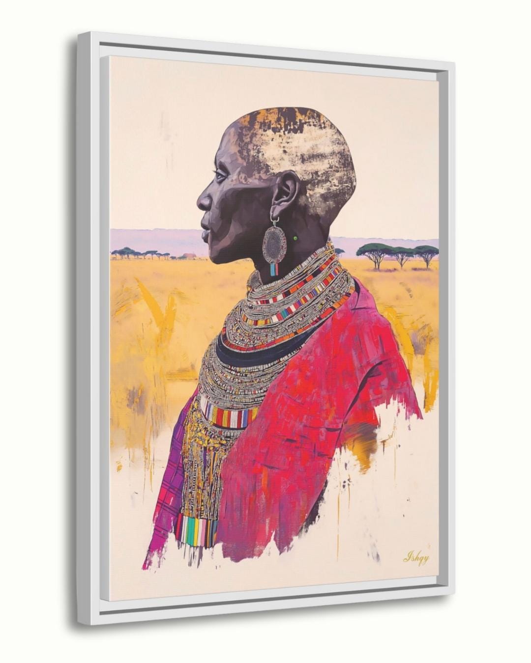 African Wall Art Maasai Elder Canvas Print, Tribal Woman Wall Decor, Kenya Portrait Painting, Cultural African Art for Living Room. Maasai woman portrait art print with bold beadwork and savannah backdrop. Powerful African canvas art for cultura