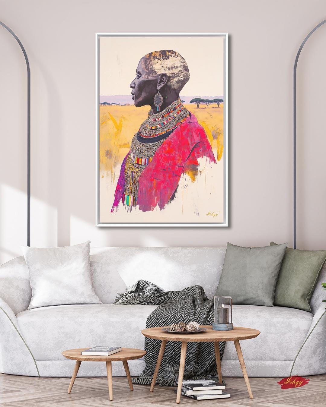 African Wall Art Maasai Elder Canvas Print, Tribal Woman Wall Decor, Kenya Portrait Painting, Cultural African Art for Living Room. Maasai woman portrait art print with bold beadwork and savannah backdrop. Powerful African canvas art for cultura