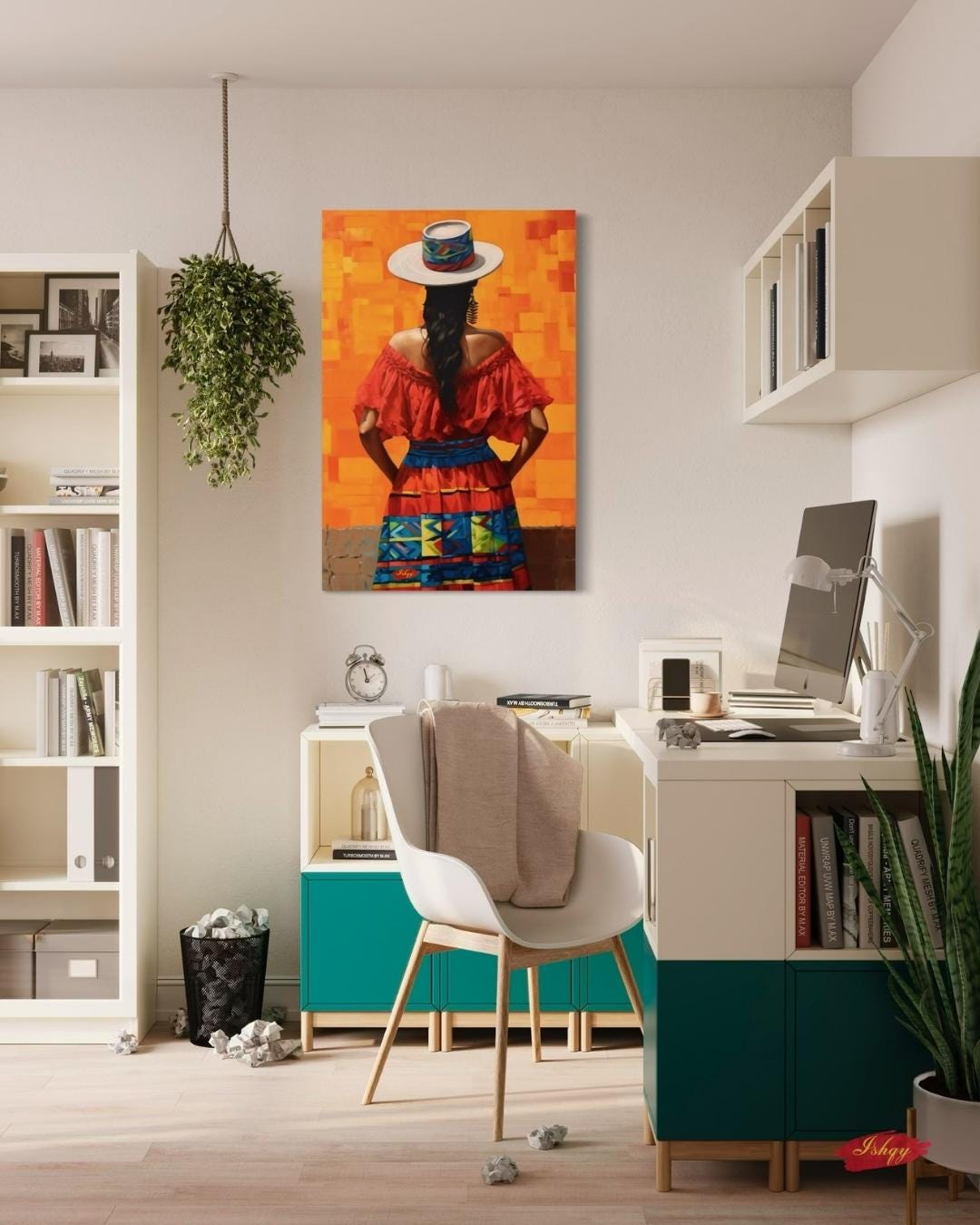 Colombian Woman Wall Art Print, Colorful Traditional Canvas, Boho Wall Decor, Framed Latin America Art, Andean Home Print Vibrant
Pasion Colombiana is a bold painting print of a Colombian woman in a vibrant traditional dress and hat, standing against a fiery orange backdrop. This striking wall art captures the spirited essence of Colombian culture and brings warmth, color, and