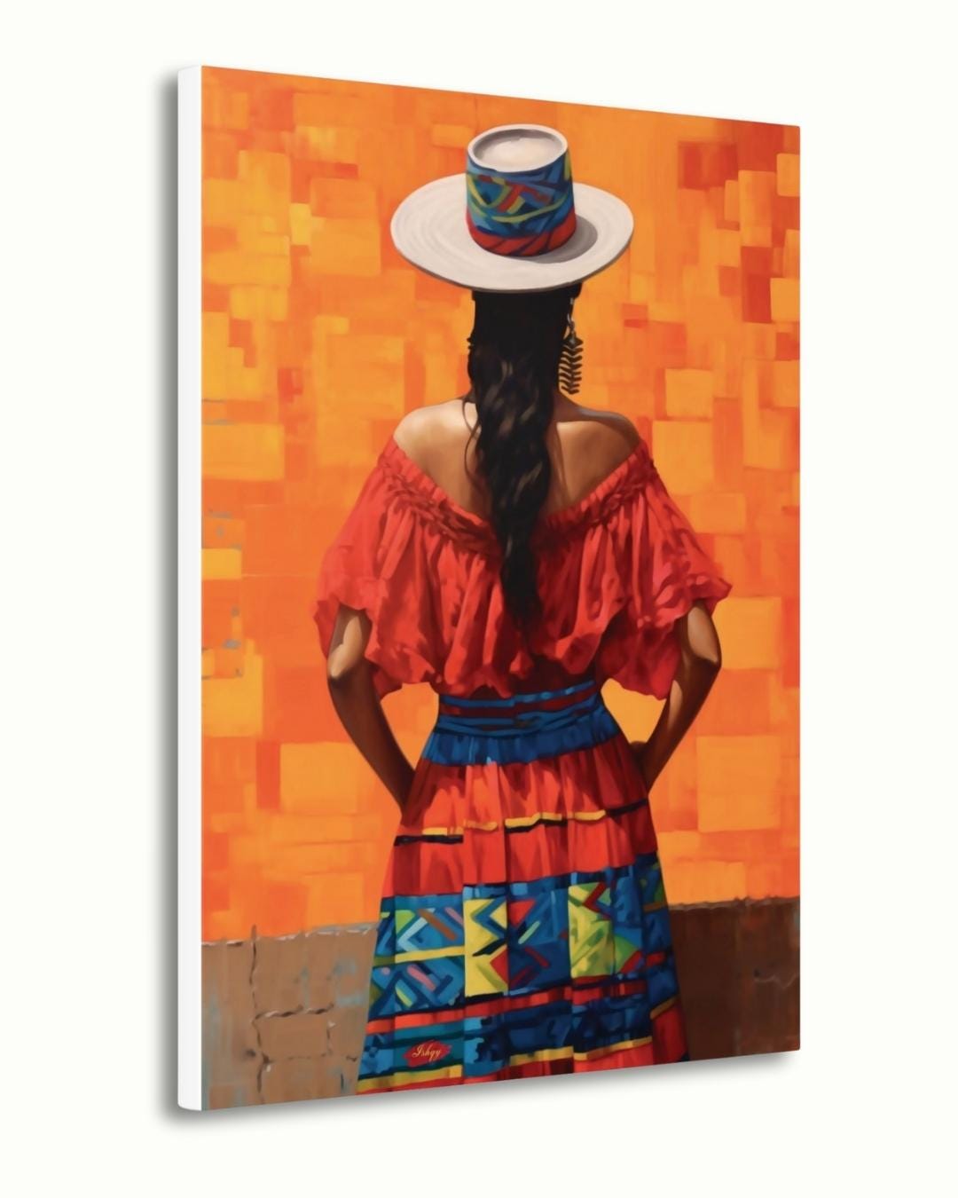 Colombian Woman Wall Art Print, Colorful Traditional Canvas, Boho Wall Decor, Framed Latin America Art, Andean Home Print Vibrant
Pasion Colombiana is a bold painting print of a Colombian woman in a vibrant traditional dress and hat, standing against a fiery orange backdrop. This striking wall art captures the spirited essence of Colombian culture and brings warmth, color, and