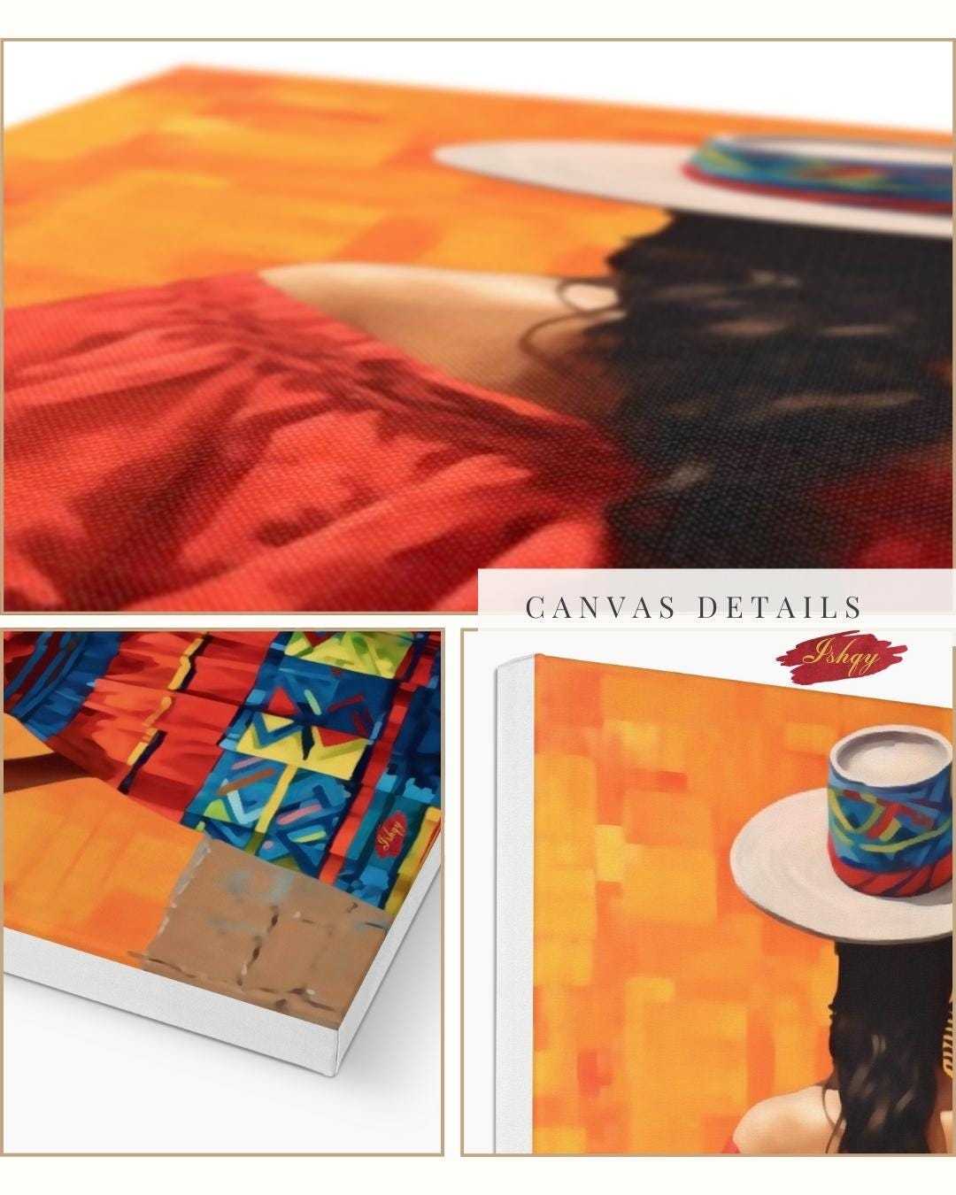 Colombian Woman Wall Art Print, Colorful Traditional Canvas, Boho Wall Decor, Framed Latin America Art, Andean Home Print Vibrant
Pasion Colombiana is a bold painting print of a Colombian woman in a vibrant traditional dress and hat, standing against a fiery orange backdrop. This striking wall art captures the spirited essence of Colombian culture and brings warmth, color, and
