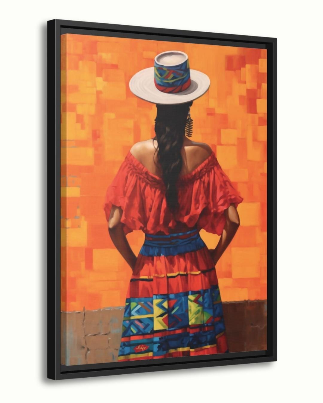Colombian Woman Wall Art Print, Colorful Traditional Canvas, Boho Wall Decor, Framed Latin America Art, Andean Home Print Vibrant
Pasion Colombiana is a bold painting print of a Colombian woman in a vibrant traditional dress and hat, standing against a fiery orange backdrop. This striking wall art captures the spirited essence of Colombian culture and brings warmth, color, and