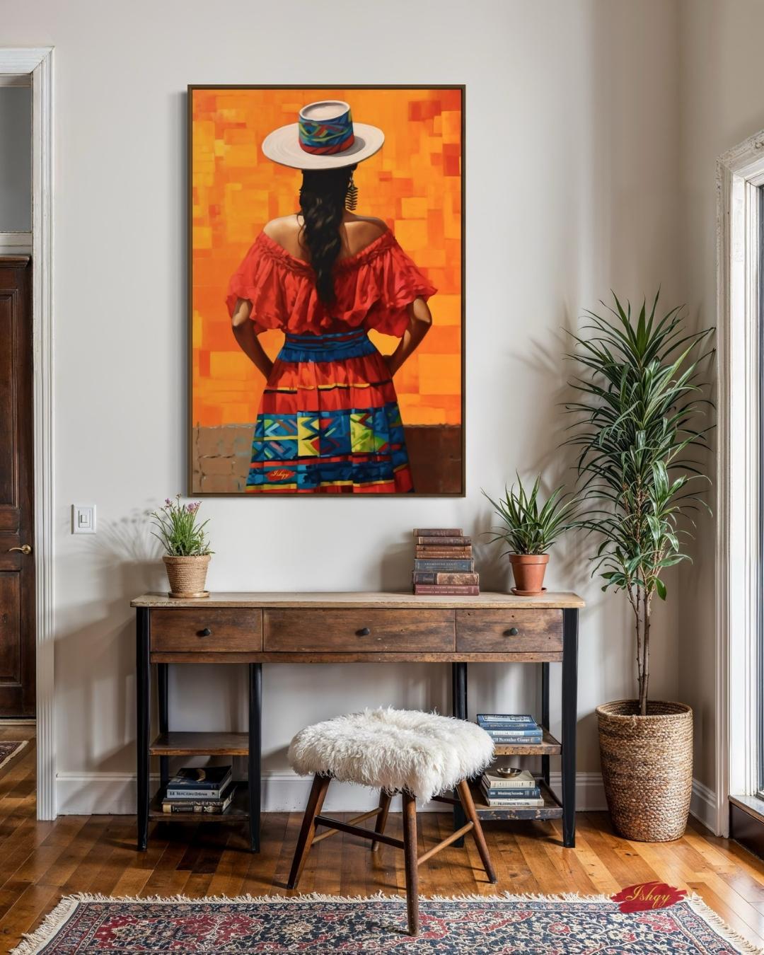 Colombian Woman Wall Art Print, Colorful Traditional Canvas, Boho Wall Decor, Framed Latin America Art, Andean Home Print Vibrant
Pasion Colombiana is a bold painting print of a Colombian woman in a vibrant traditional dress and hat, standing against a fiery orange backdrop. This striking wall art captures the spirited essence of Colombian culture and brings warmth, color, and
