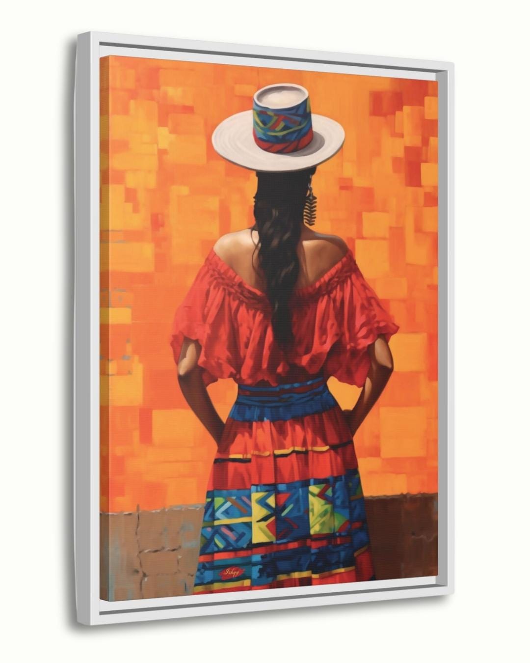 Colombian Woman Wall Art Print, Colorful Traditional Canvas, Boho Wall Decor, Framed Latin America Art, Andean Home Print Vibrant
Pasion Colombiana is a bold painting print of a Colombian woman in a vibrant traditional dress and hat, standing against a fiery orange backdrop. This striking wall art captures the spirited essence of Colombian culture and brings warmth, color, and