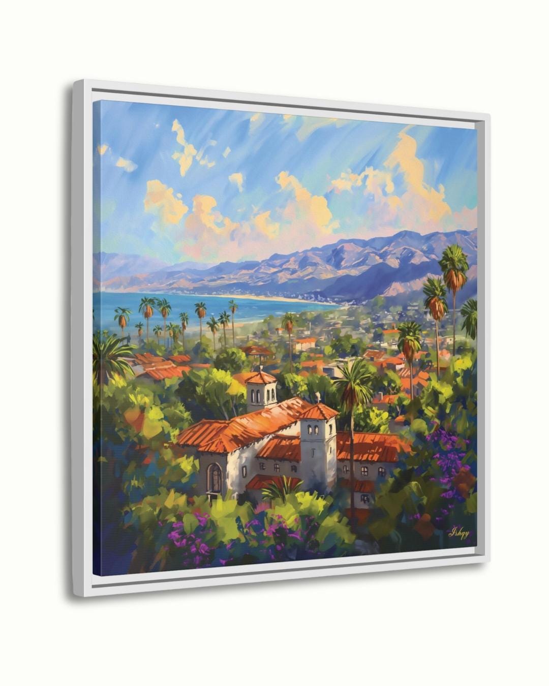 Santa Barbara Wall Art Print, California Coastal Canvas, Vibrant Seaside Wall Decor, Framed Travel Art, Mediterranean Home Print
Pacific Sol art print of sunny Santa Barbara, California with ocean views & red-tiled roofs. Canvas & framed canvas. Coastal California wall decor.